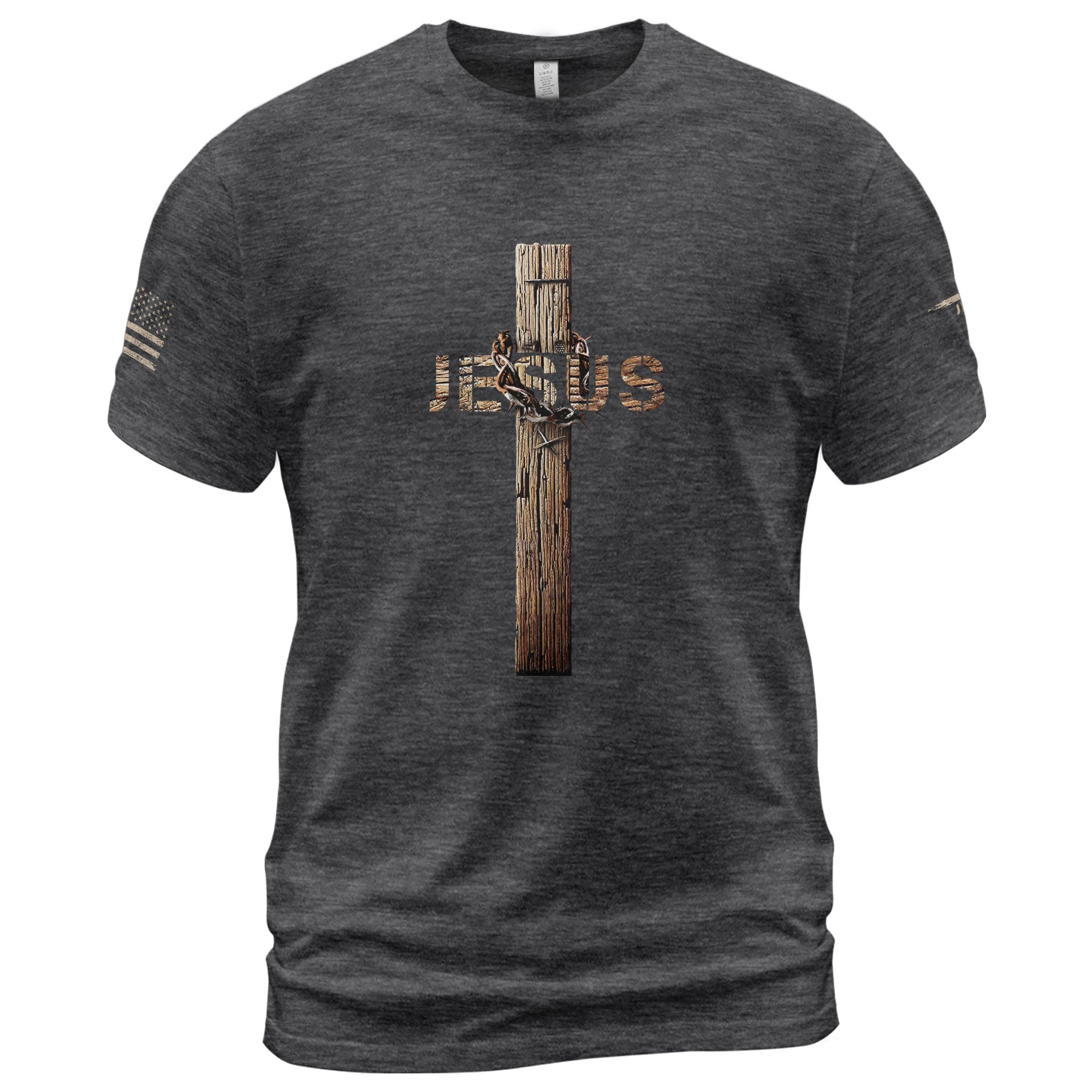 Christian Shirts for Men - Jesus Rustic Cross with Crown of Thorns Design, Christian Tee Shirts - Rust Field Wear