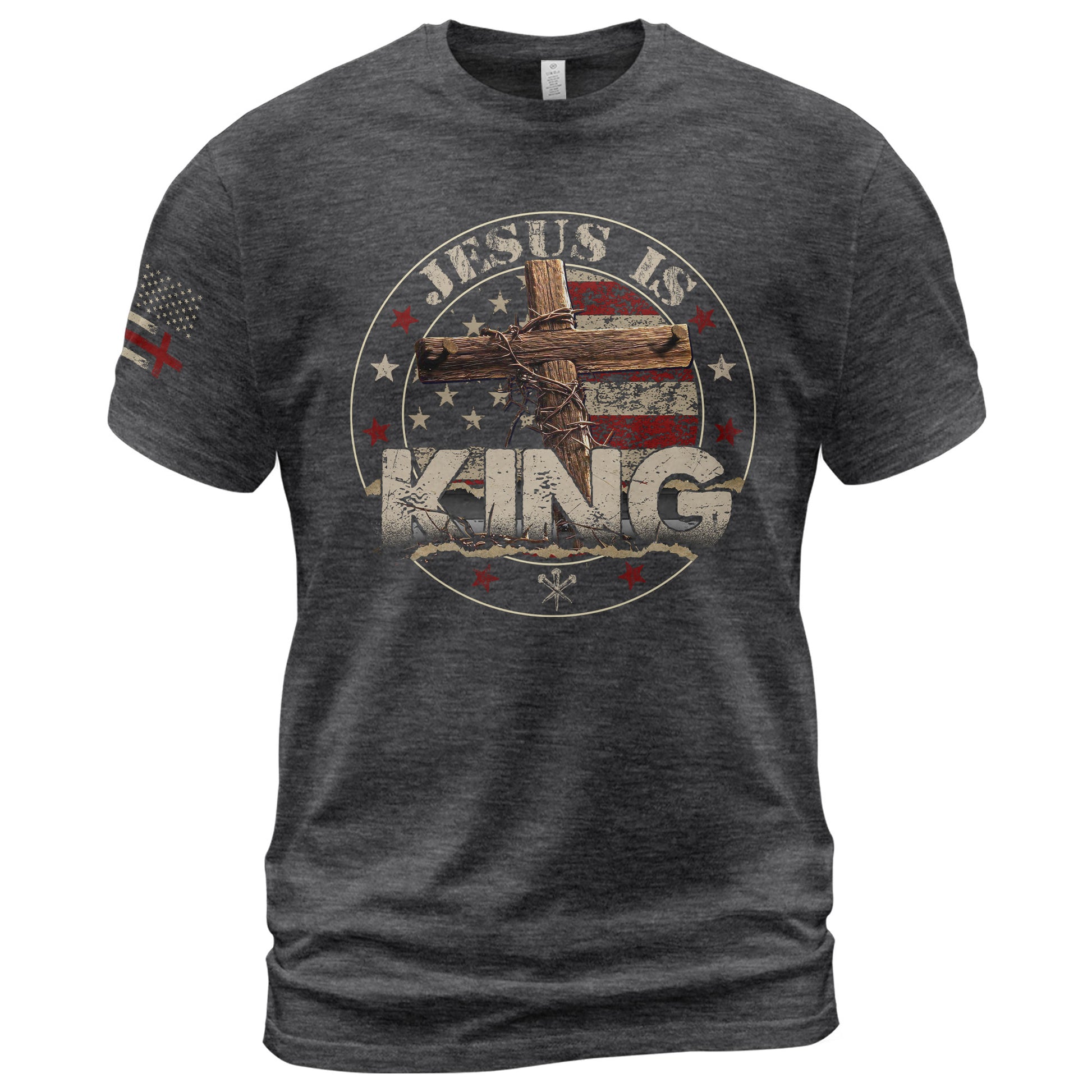 Christian Shirts for Men, Jesus Is King Christian Cross American Flag for - Christian Tee Shirts - Rust Field Wear