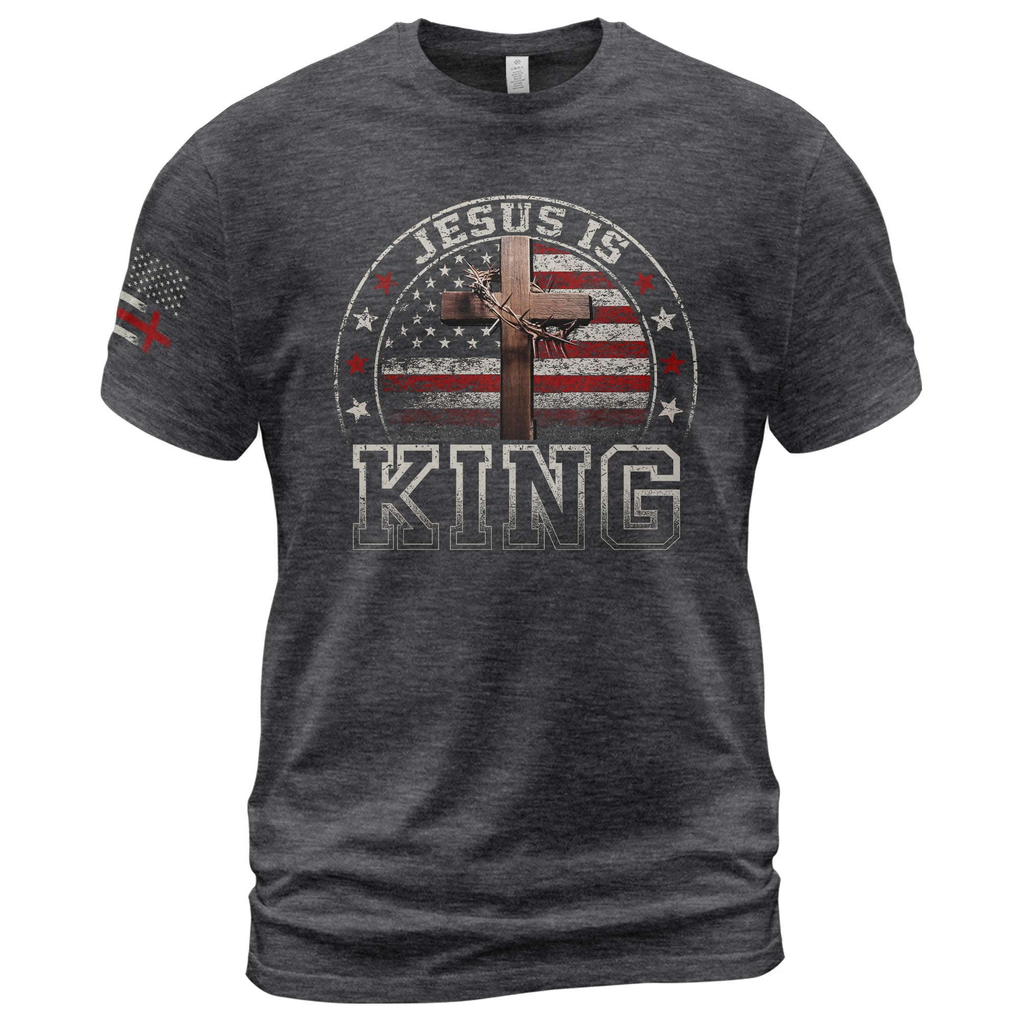 Christian Tee Shirts, Jesus Is King Bold Christian USA Cross - Christian Shirts for Men - Rust Field Wear
