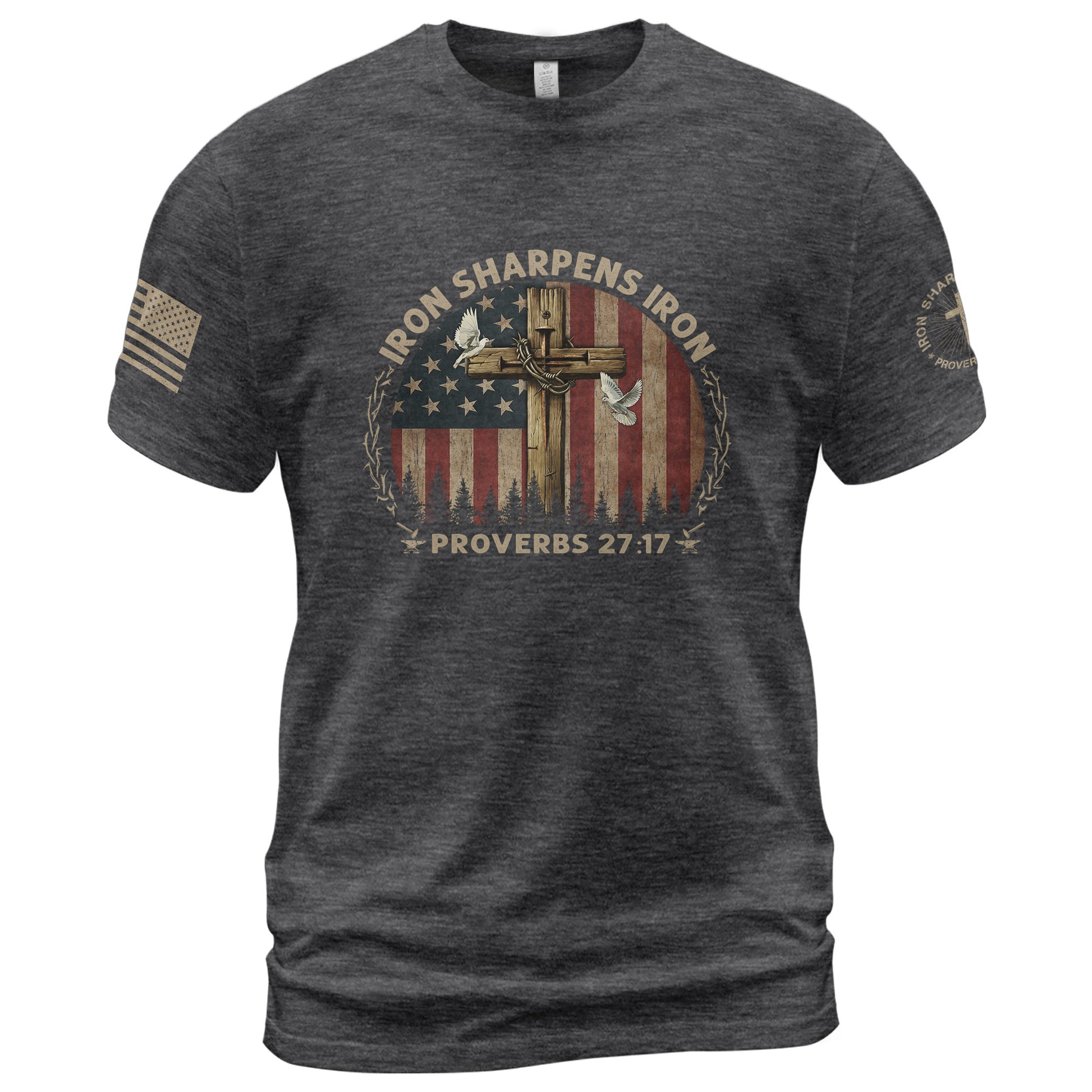 Christian Shirts for Men, Iron Sharpens Iron Proverbs 27:17 and Cross Bold Faithwear - Christian Tee Shirts - Rust Field Wear