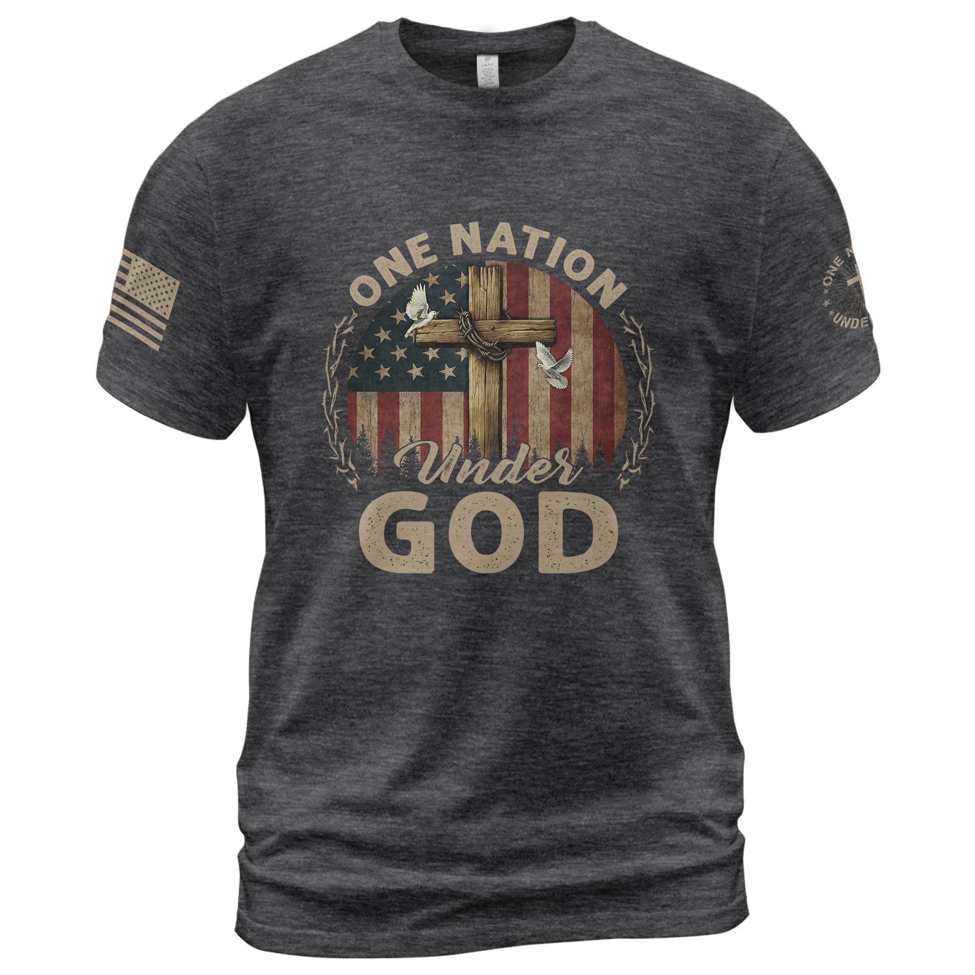 One Nation Under God Cross, Flag and Christian Boldwear, Christian Tee Shirts - Faith Shirts for Men - Rust Field Wear