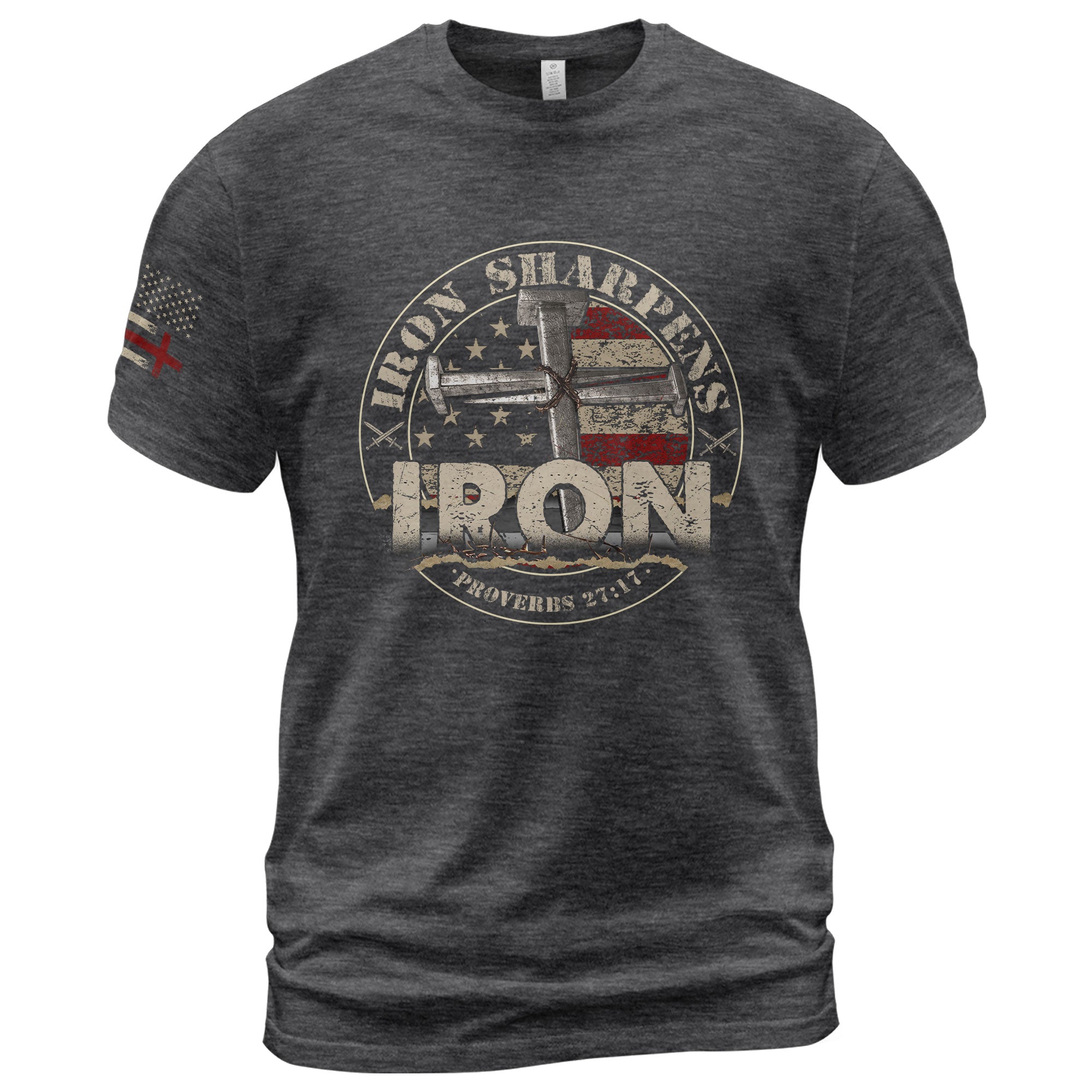 Christian Shirts for Men - Iron Sharpens Iron Proverbs 27:17 Bible Verse, Christian Tee Shirts - Rust Field Wear