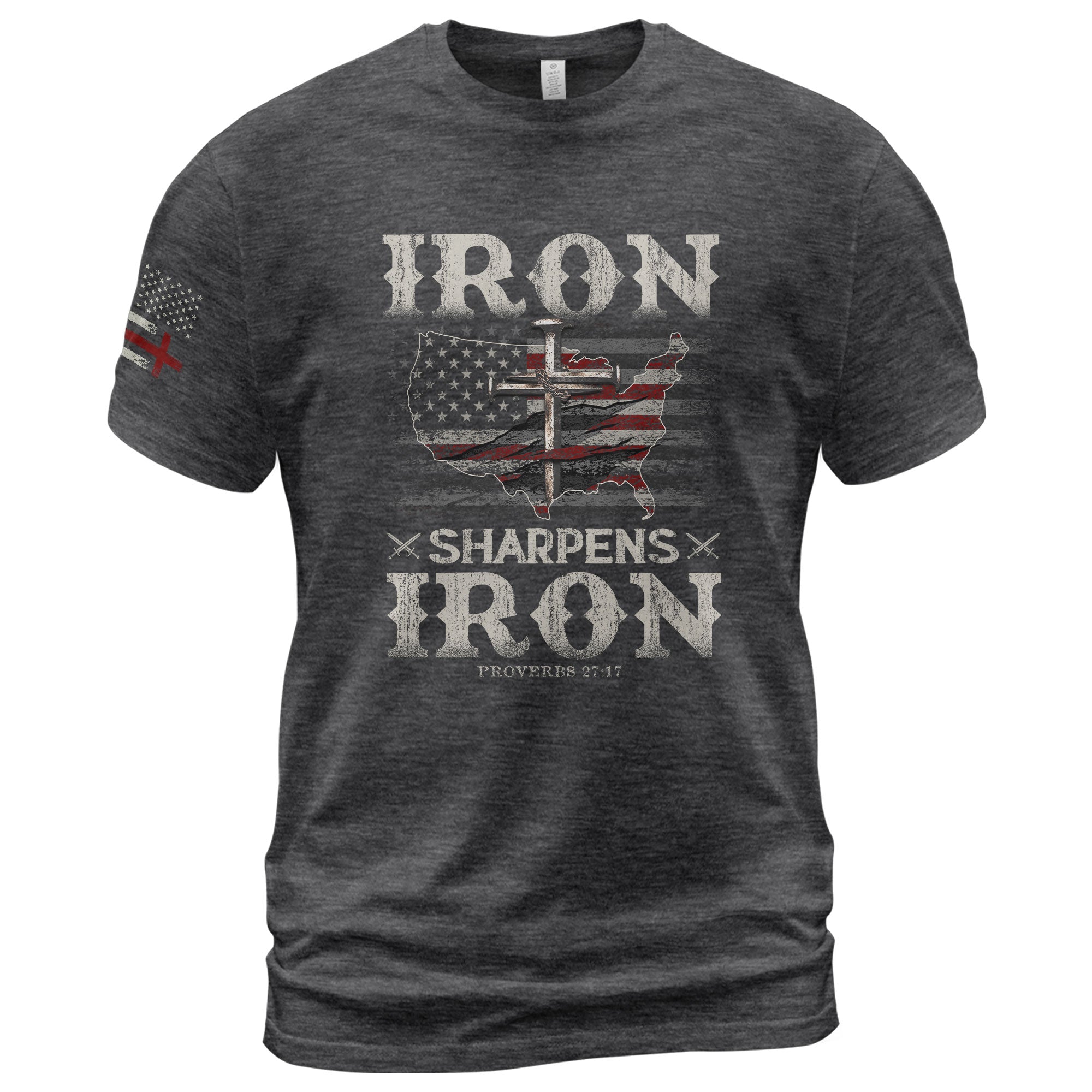 Faith Based Christian Tee Shirts, Iron Sharpens Iron Proverbs 27:17 USA Faith Warrior - Christian Shirts for Men - Rust Field Wear