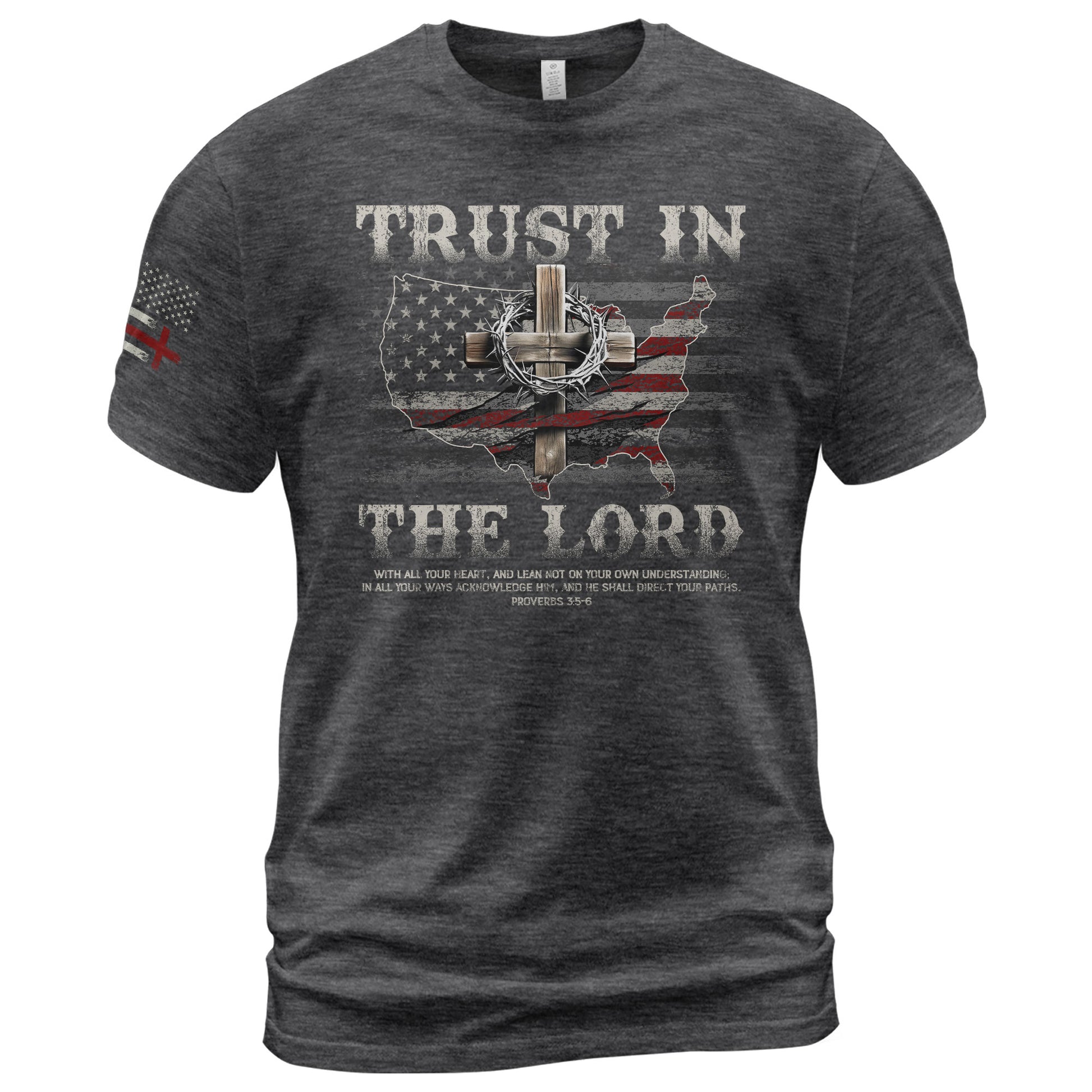 Trust In The Lord Christian Proverbs 3:5 6 Bible Verse American Flag Cross, Christian Tee Shirts - Faith Shirts for Men - Rust Field Wear
