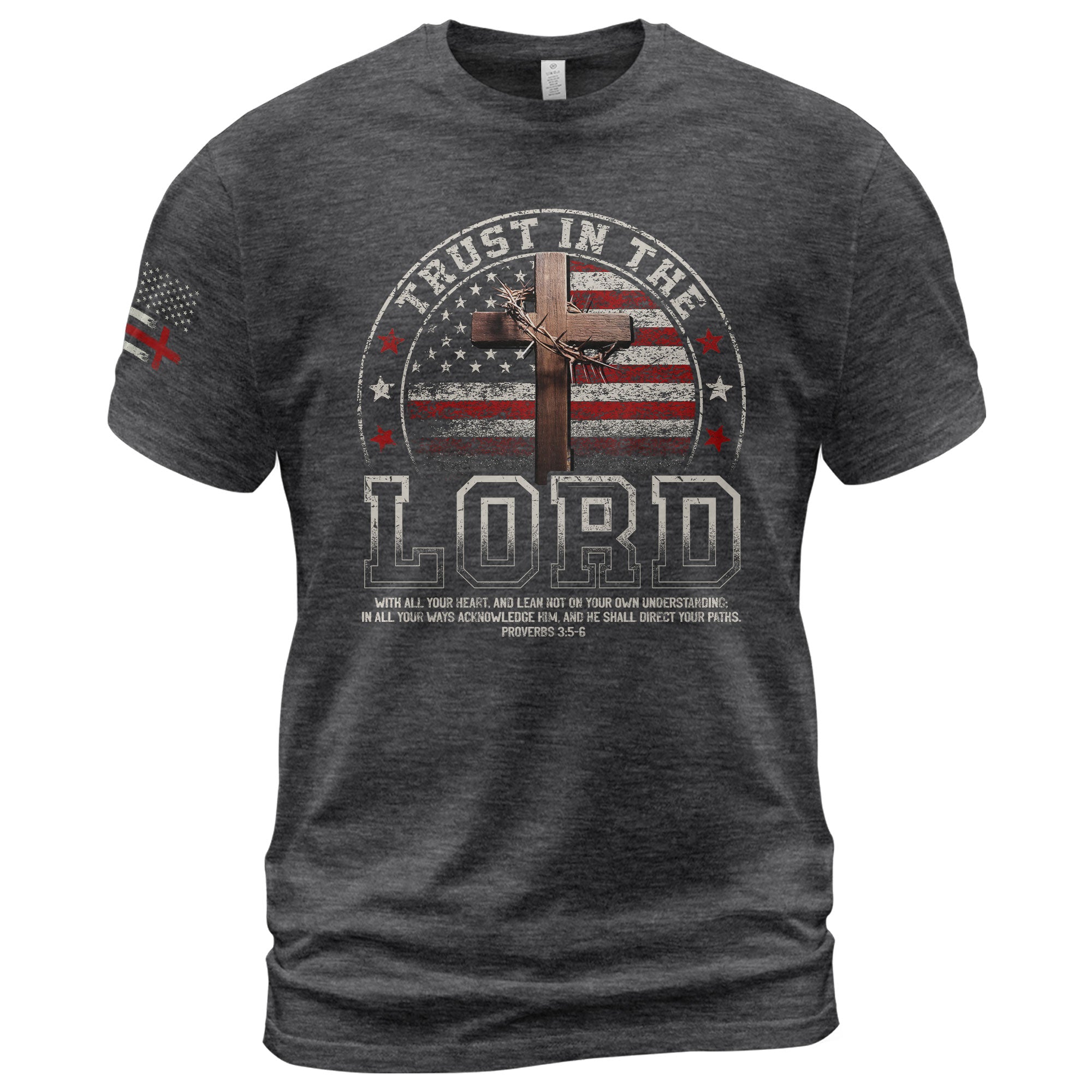 Faith Based Christian Tee Shirts, Trust In The Lord Christian American Flag Cross - Christian Shirts for Men - Rust Field Wear
