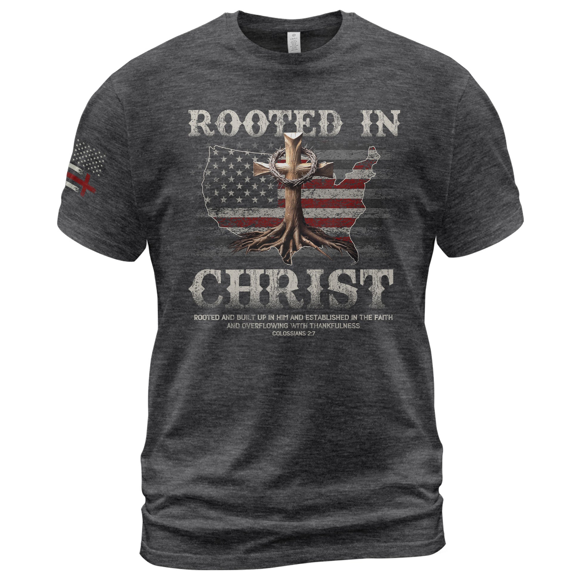 Rooted in Christ USA Flag Map Christian - Christian Shirts for Men, Faith Based Christian Tee Shirts - Rust Field Wear