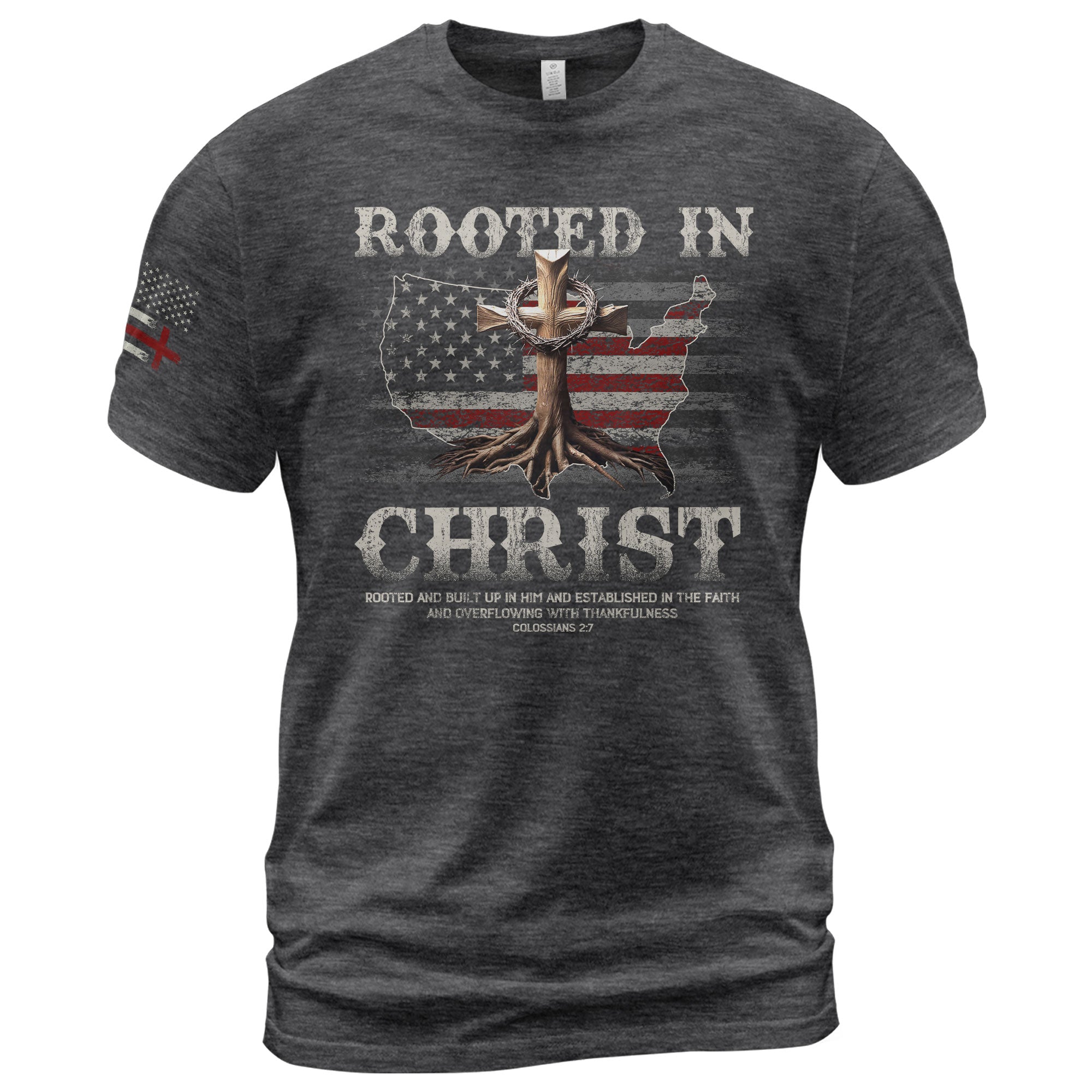 Rooted in Christ USA Flag Map Christian - Christian Shirts for Men, Faith Based Christian Tee Shirts - Rust Field Wear