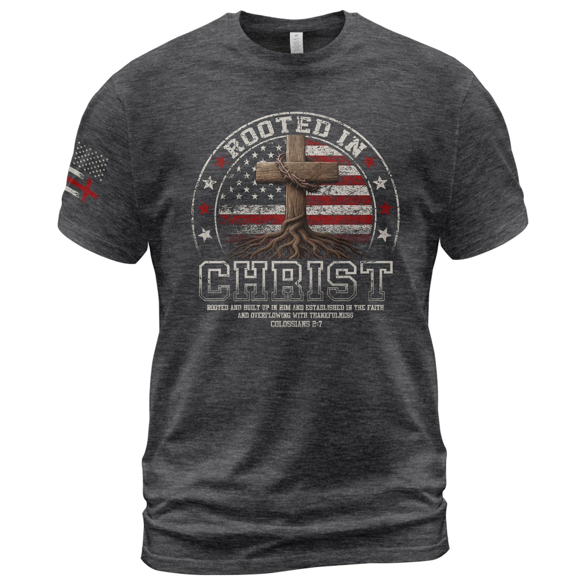 Christian Shirts for Men - Rooted in Christ Circle American Flag, Christian Tee Shirts - Rust Field Wear