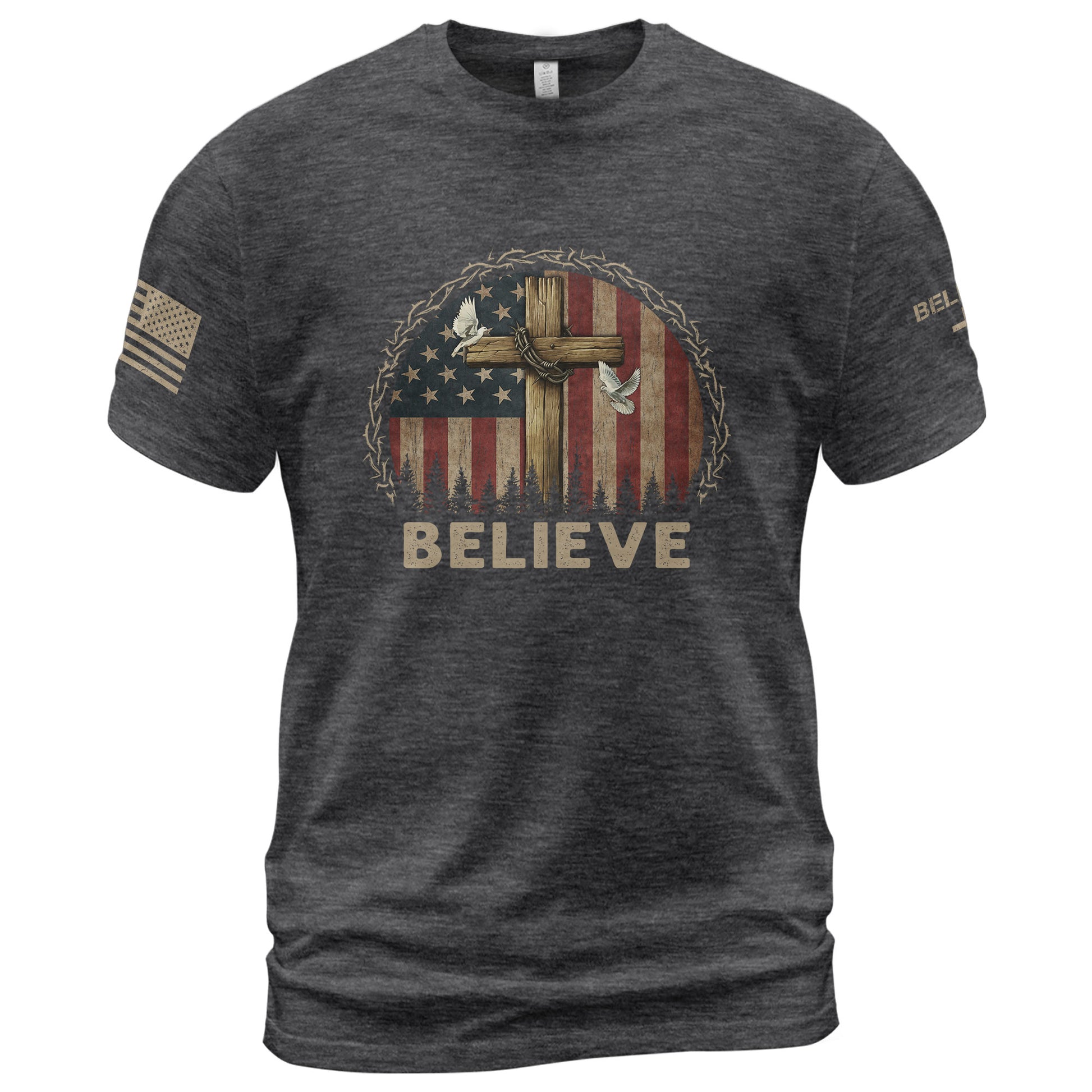 Christian Shirts for Men, Believe Cross and Dove American Flag - Christian Tee Shirts - Rust Field Wear