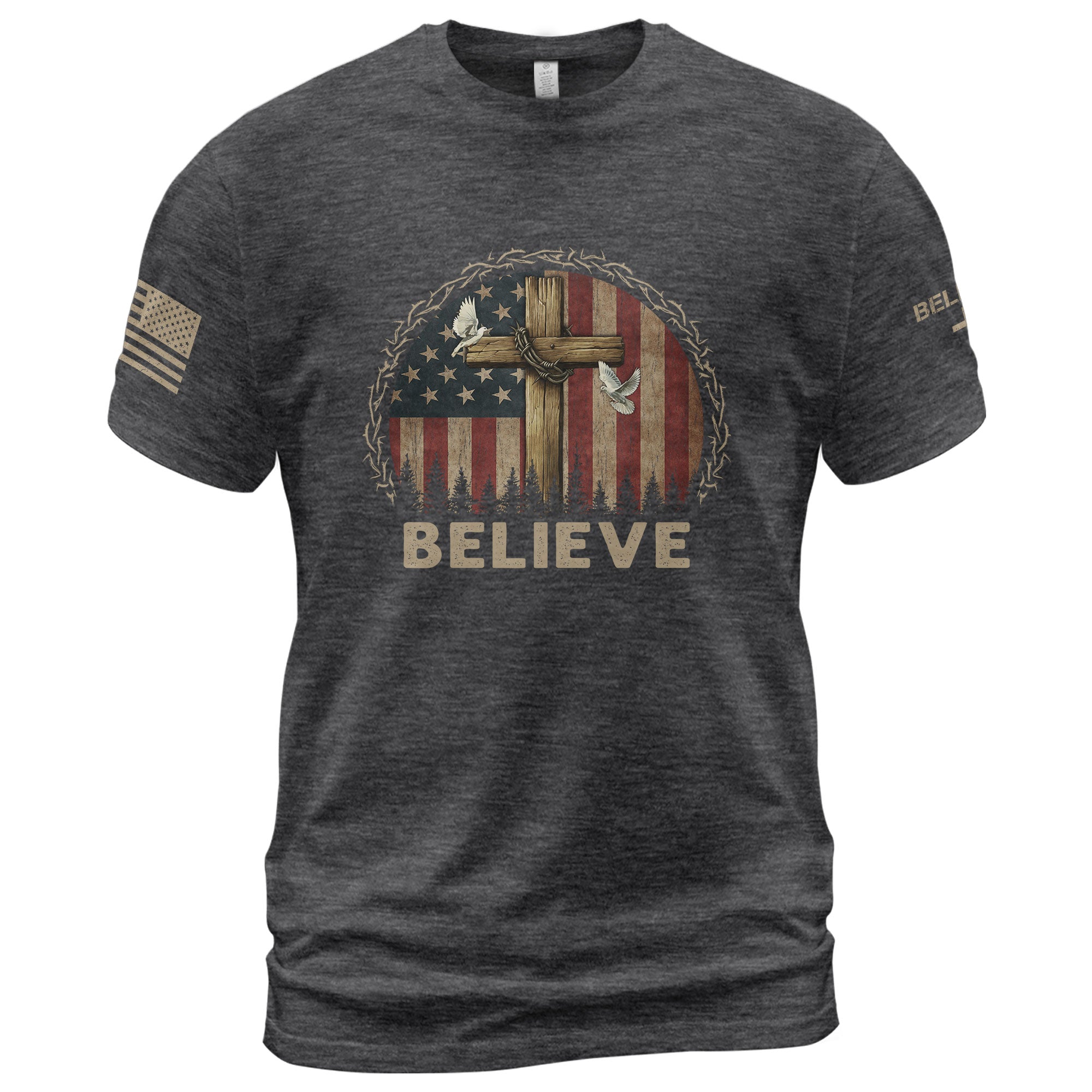 Christian Shirts for Men, Believe Cross and Dove American Flag - Christian Tee Shirts - Rust Field Wear