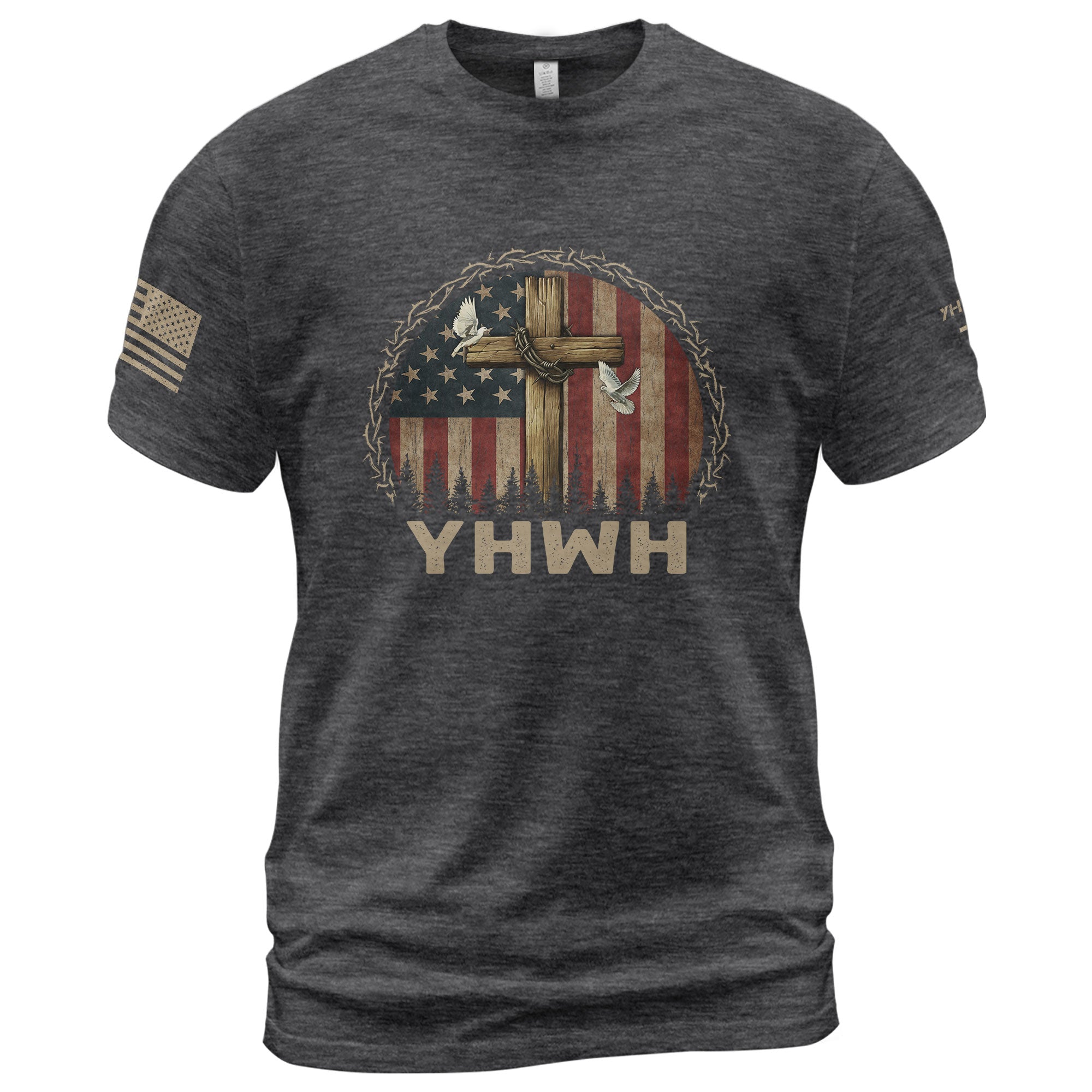 YHWH Cross and American Flag Christian - Christian Shirts for Men, Faith Based Christian Tee Shirts - Rust Field Wear