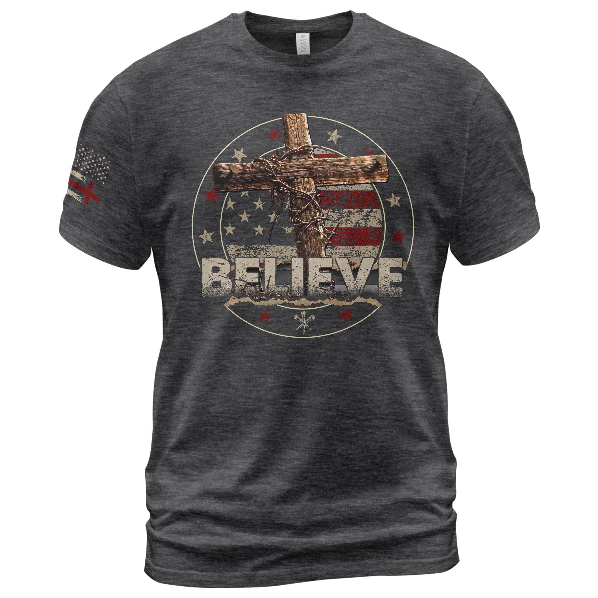 BELIEVE Christian American Flag Cross and Crown of Thorns, Christian Shirts for Men - Christian Tee Shirts - Rust Field Wear