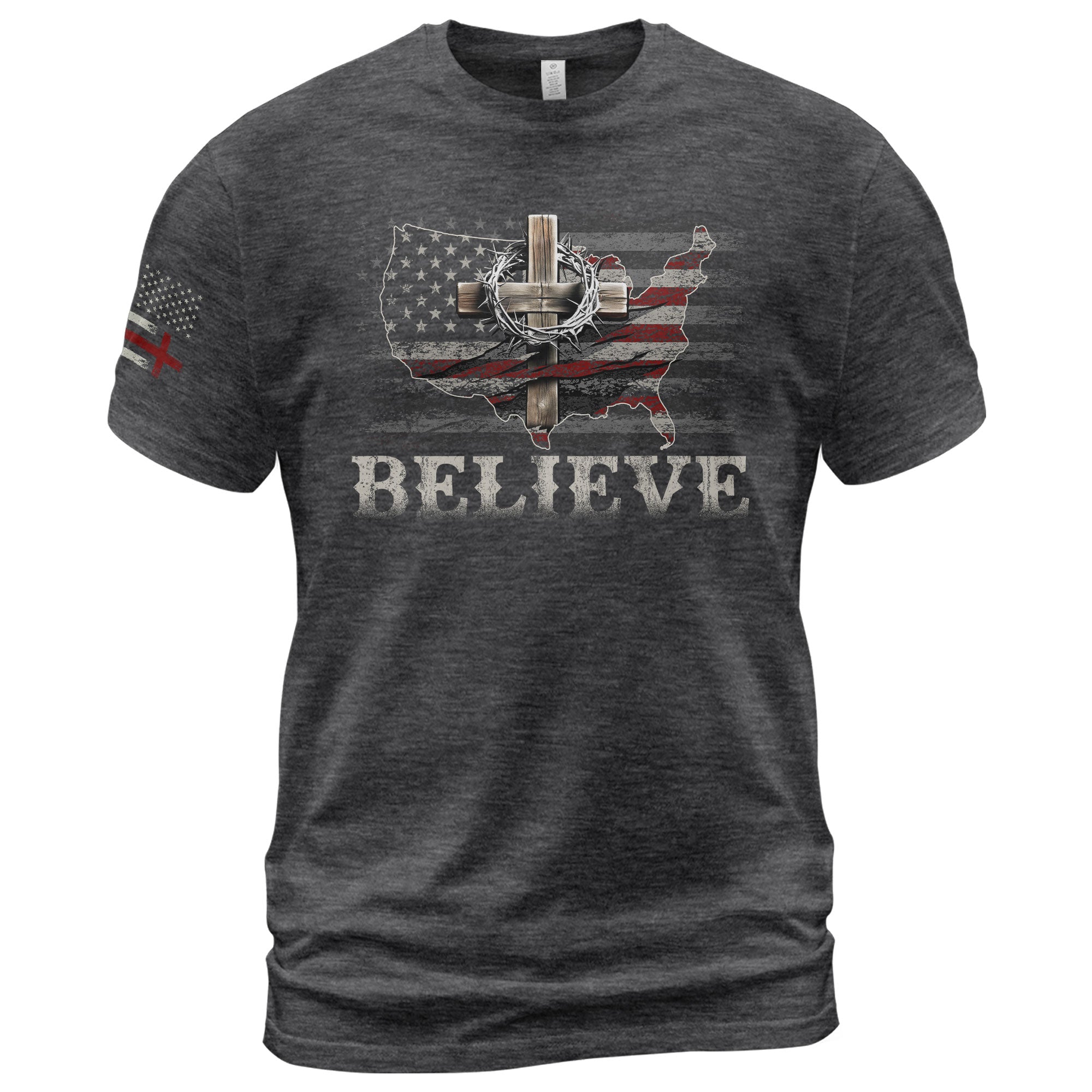 Christian Tee Shirts, Believe USA Flag Cross - Christian Shirts for Men - Rust Field Wear