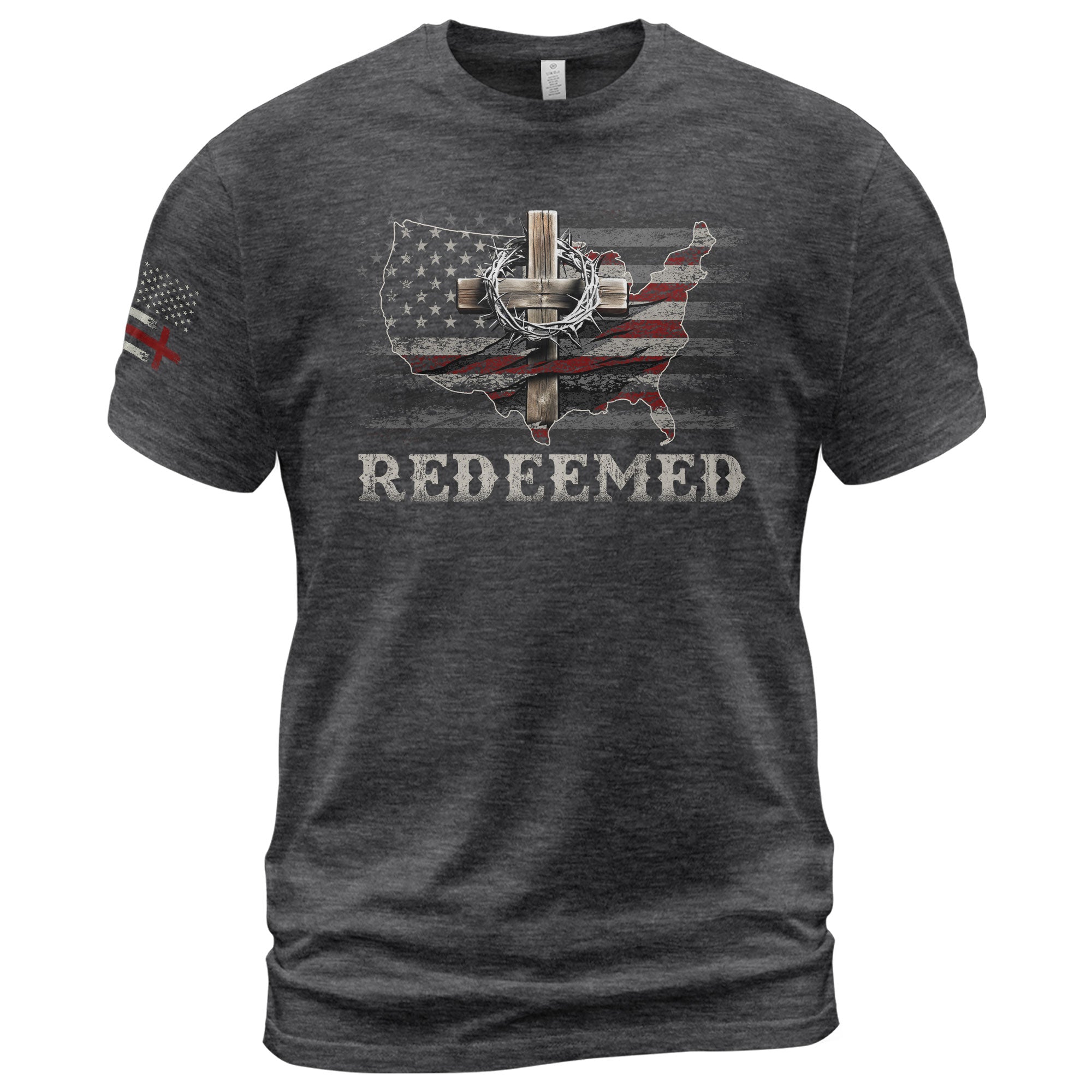 Christian Shirts for Men - Redeemed USA Flag Cross Christian, Christian Tee Shirts - Rust Field Wear