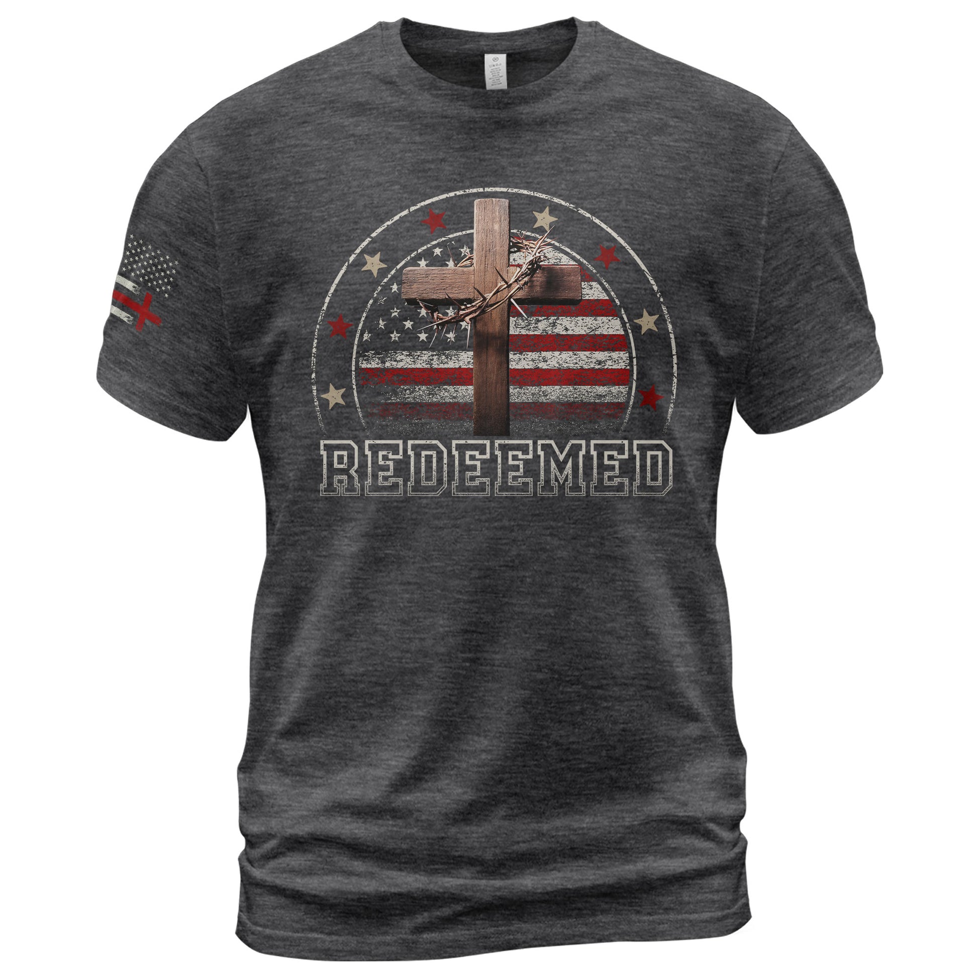 Redeemed Christian Cross and American Flag Design, Christian Shirts for Men - Christian Tee Shirts - Rust Field Wear