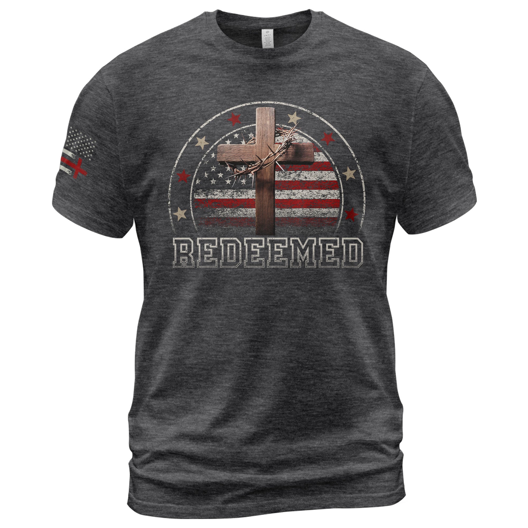 Redeemed Christian Cross and American Flag Design, Christian Shirts for Men - Christian Tee Shirts - Rust Field Wear