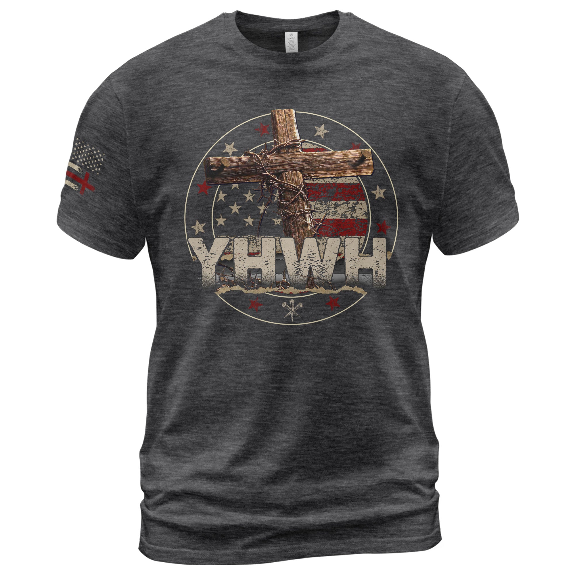 Christian Shirts for Men, YHWH American Flag Cross Christian Faith - Christian Tee Shirts - Rust Field Wear