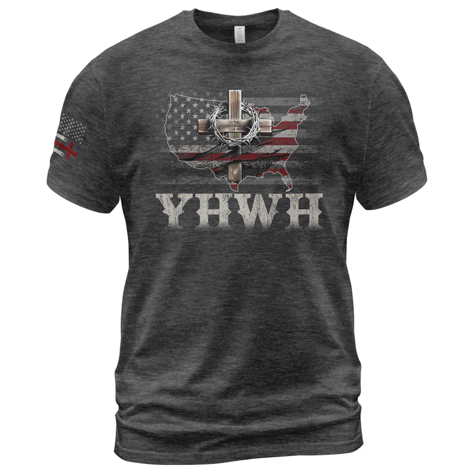 Faith Based Christian Tee Shirts, Redeemed Christian Cross, Flag and Dove Design - Christian Shirts for Men - Rust Field Wear