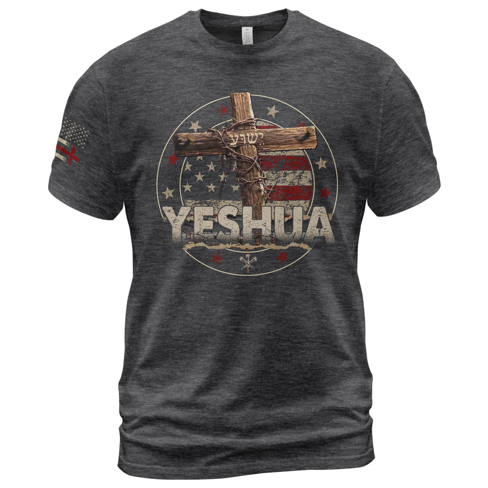Christian Shirts for Men - Yeshua Cross and Flag, Christian Tee Shirts - Rust Field Wear