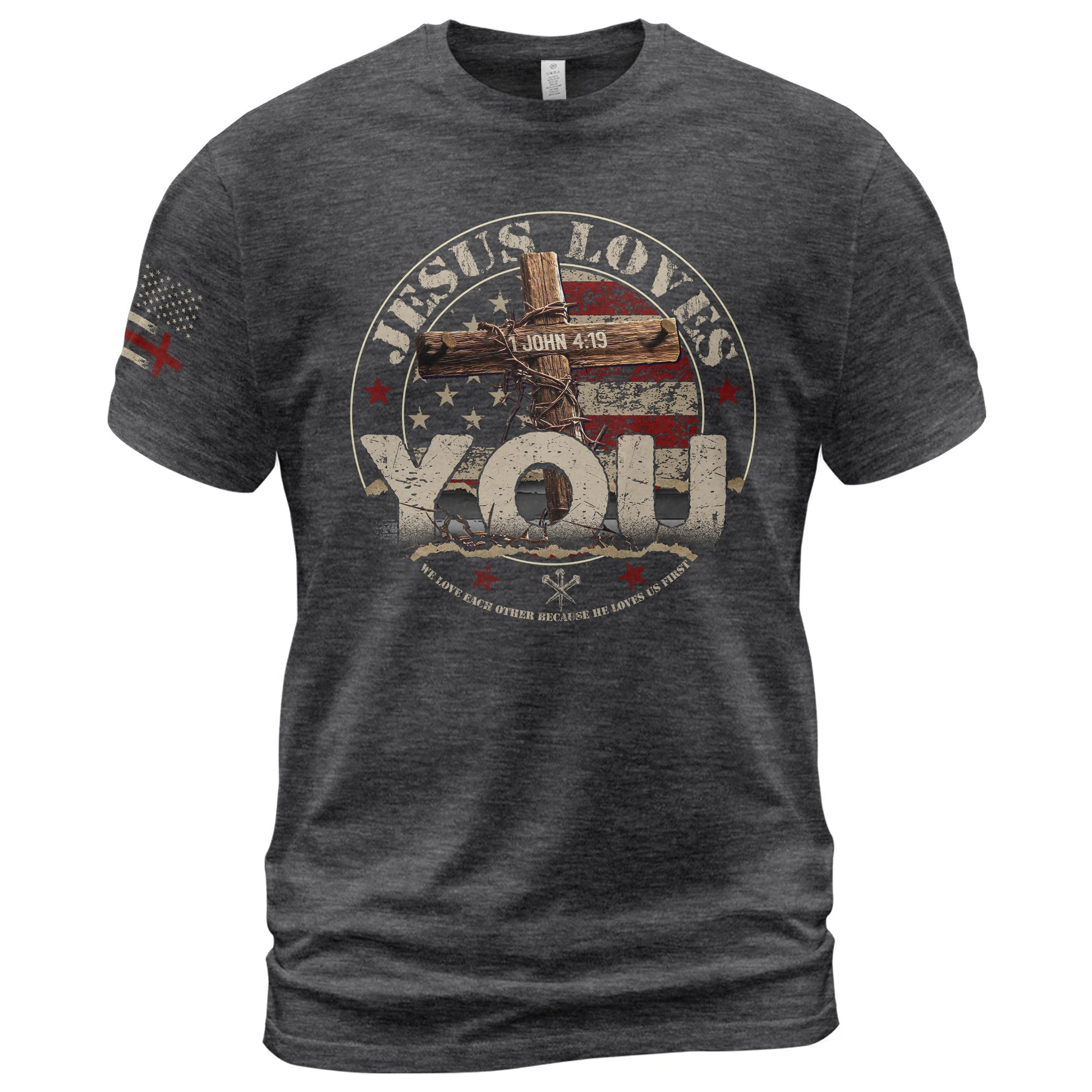 Jesus Loves You John 4:19, Christian Tee Shirts - Faith Shirts for Men - Rust Field Wear
