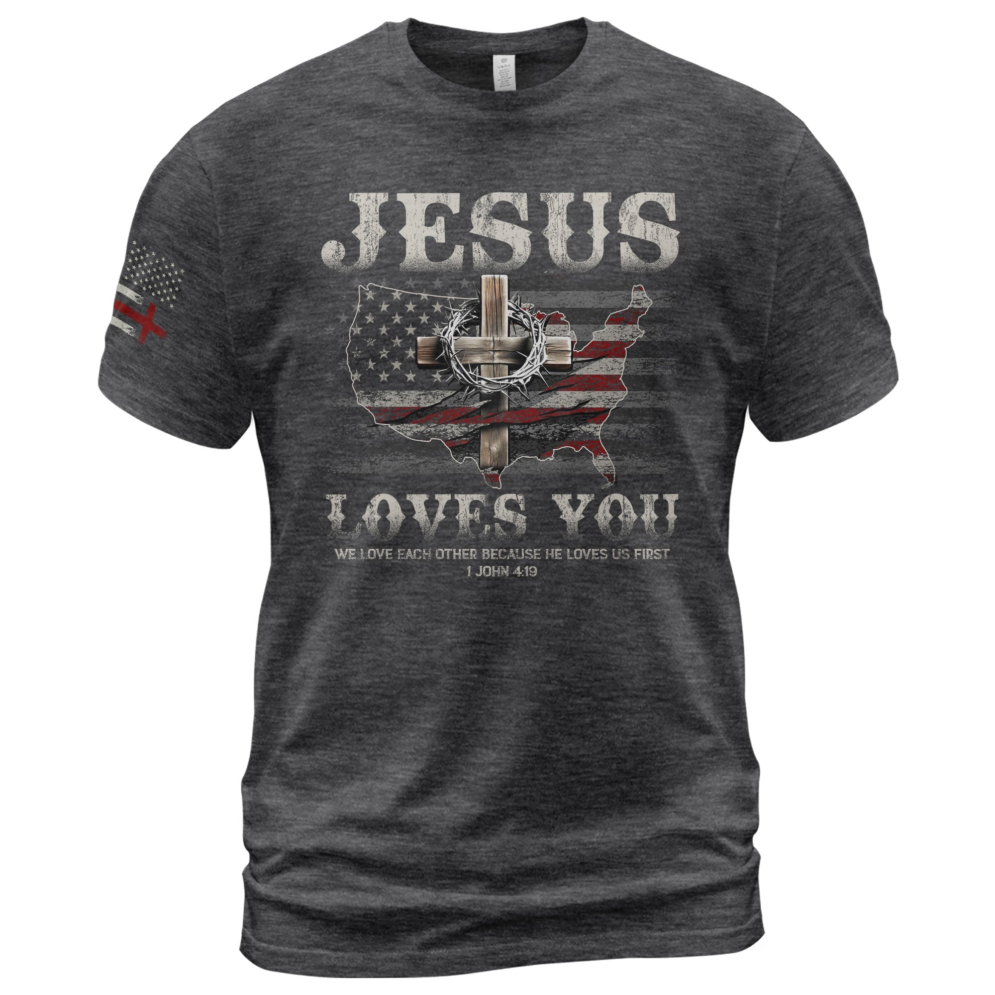 Faith Based Christian Tee Shirts, Jesus Loves You American Flag Cross - Christian Shirts for Men - Rust Field Wear