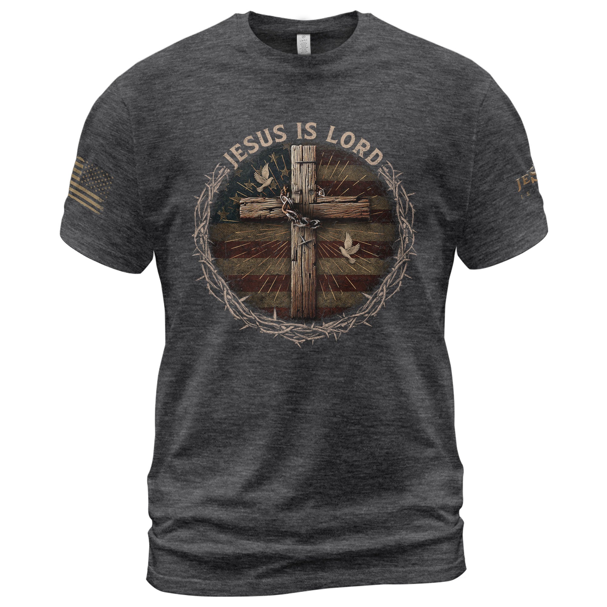 Christian Shirts for Men - Jesus Is Lord Cross and American Flag, Christian Tee Shirts - Rust Field Wear