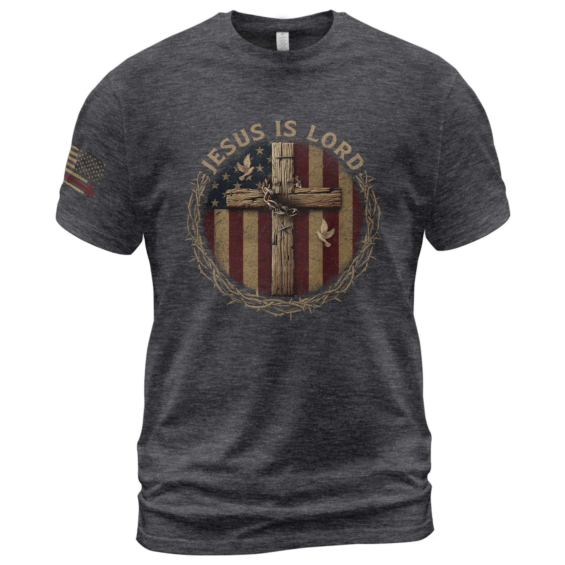 Jesus Is Lord Wooden Cross and American Flag, Christian Shirts for Men - Christian Tee Shirts - Rust Field Wear