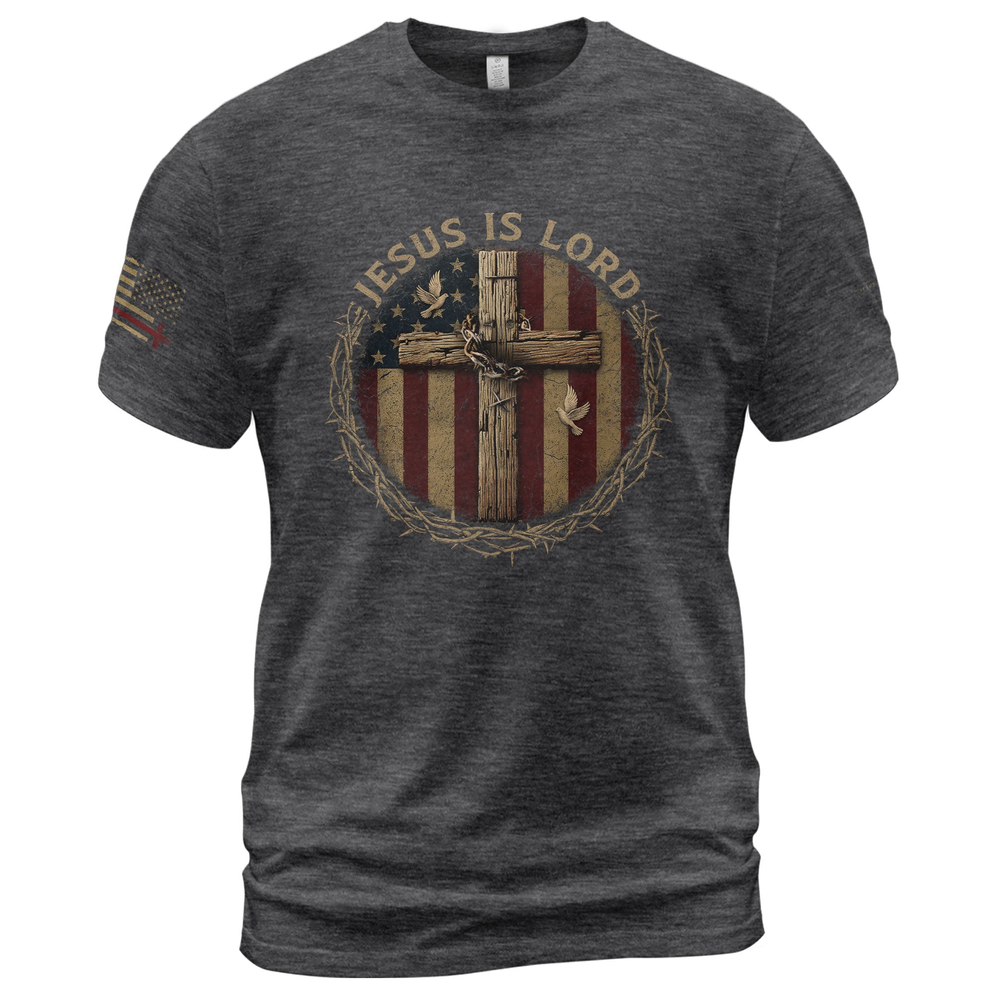 Jesus Is Lord Wooden Cross and American Flag, Christian Shirts for Men - Christian Tee Shirts - Rust Field Wear