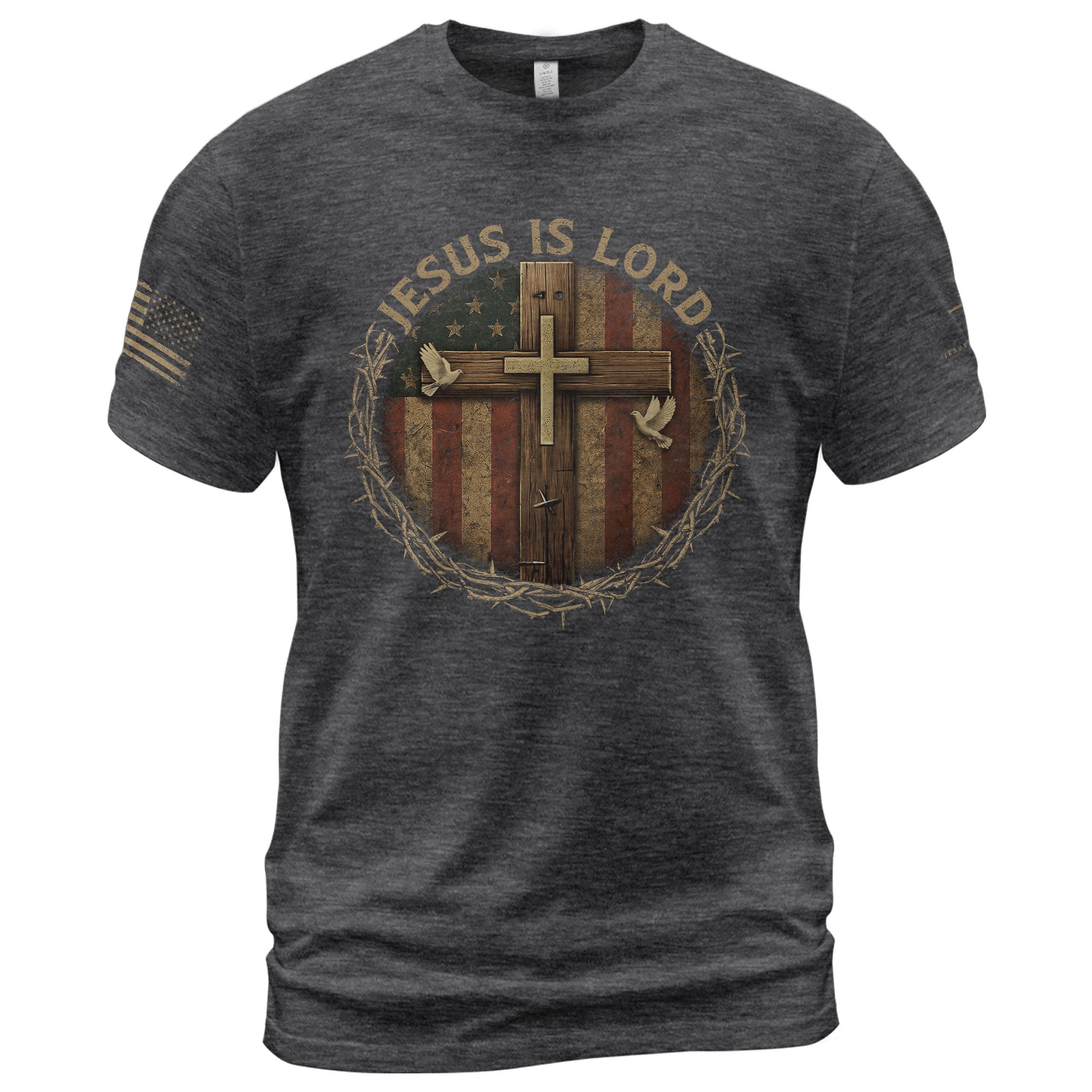 Christian Tee Shirts, Jesus Is Lord Cross and American Flag Shield - Christian Shirts for Men - Rust Field Wear