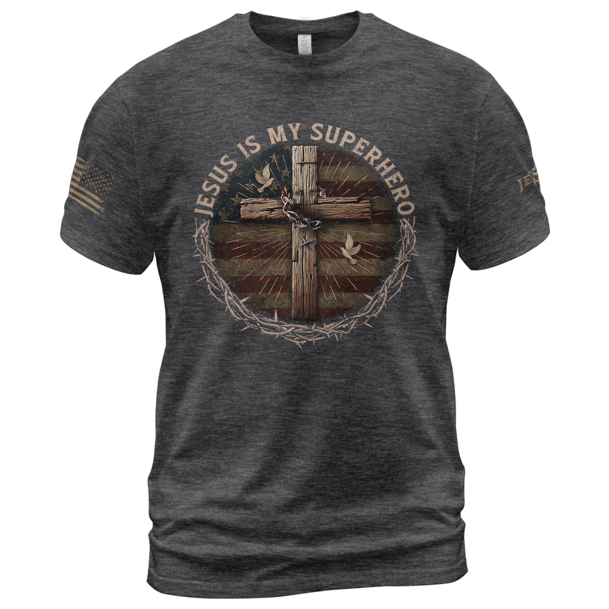 Jesus Is My Superhero Cross and American Flag - Christian Tee Shirts, Christian Shirts for Men - Rust Field Wear