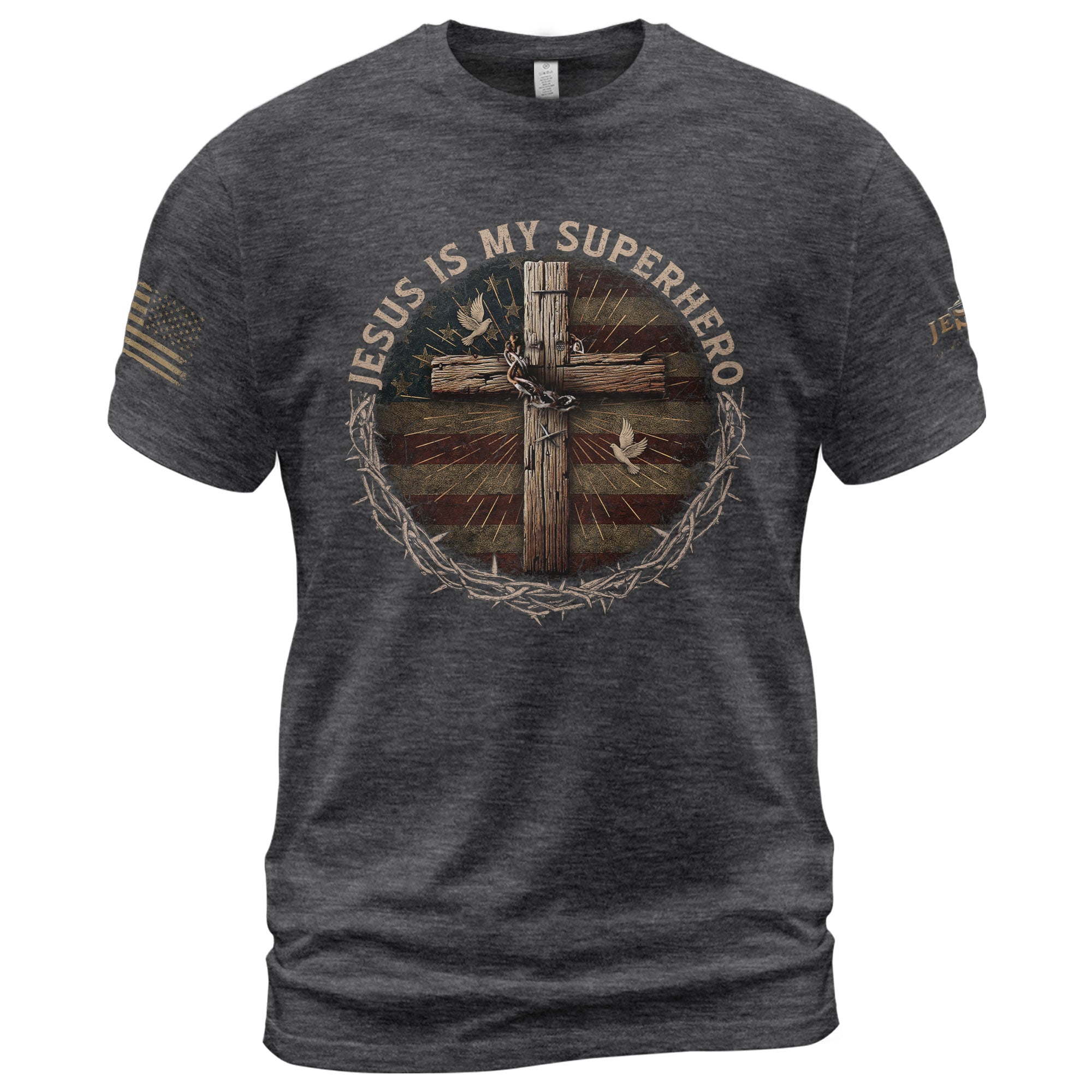 Jesus Is My Superhero Cross and American Flag - Christian Tee Shirts, Christian Shirts for Men - Rust Field Wear