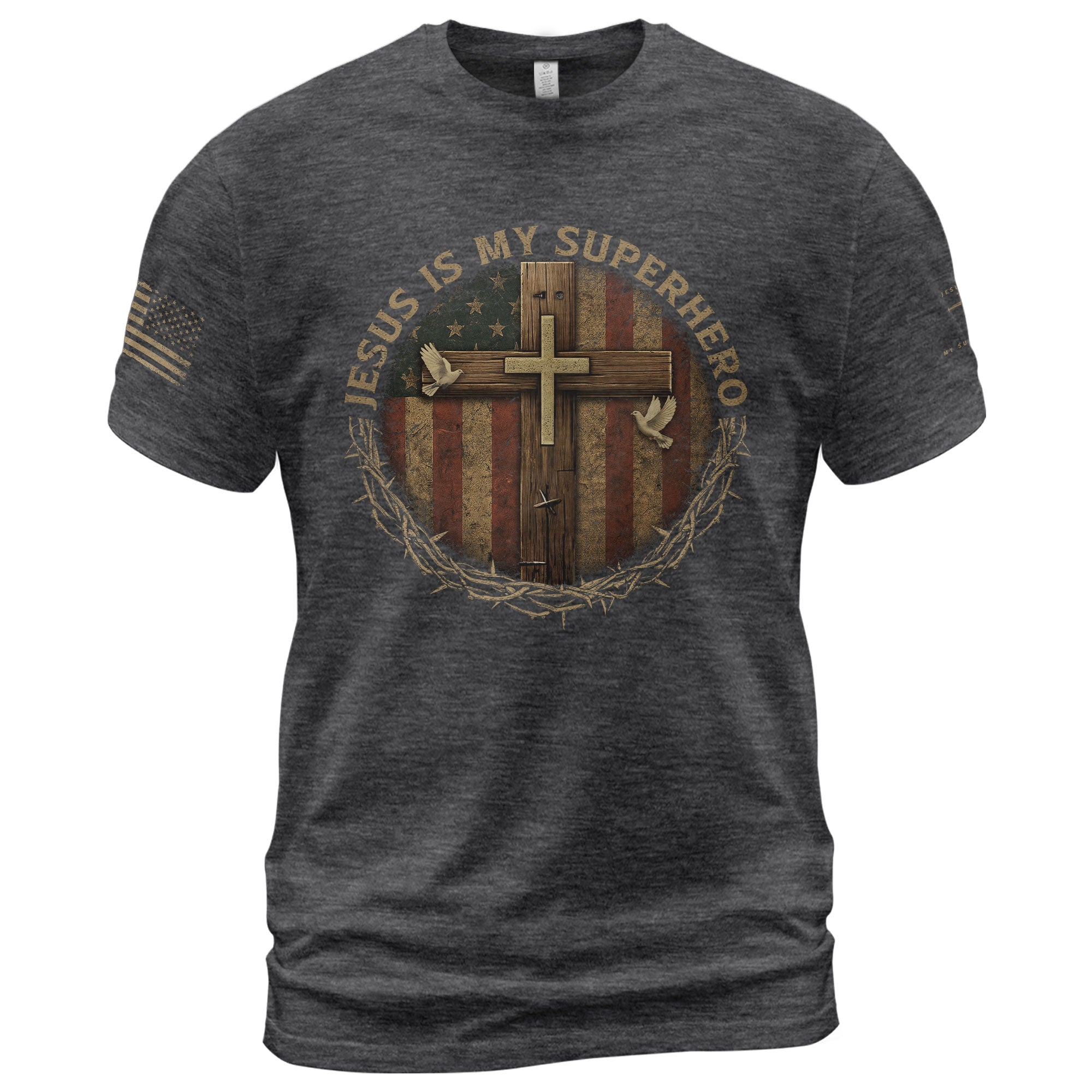 Jesus Is My Superhero Patriotic Cross, Christian Tee Shirts - Faith Shirts for Men - Rust Field Wear