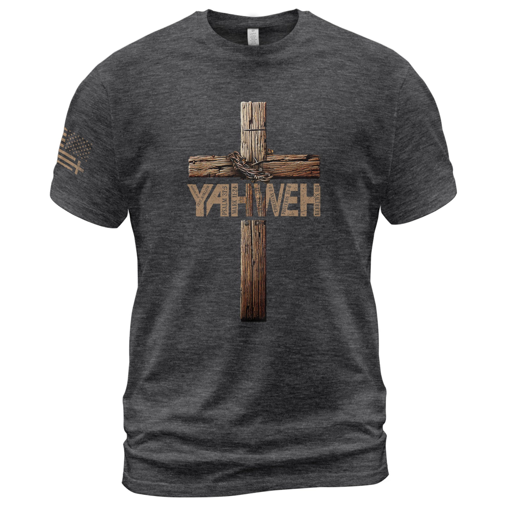Christian Shirts for Men - Yahweh Cross with Bible Verse Wooden Design, Christian Tee Shirts - Rust Field Wear