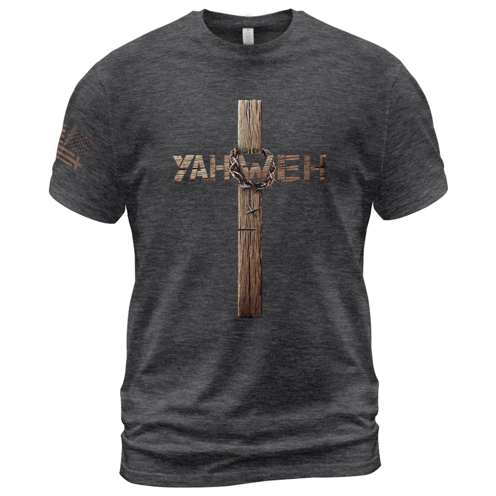 Yahweh Crown of Thorns Wooden Cross Christian, Christian Shirts for Men - Christian Tee Shirts - Rust Field Wear