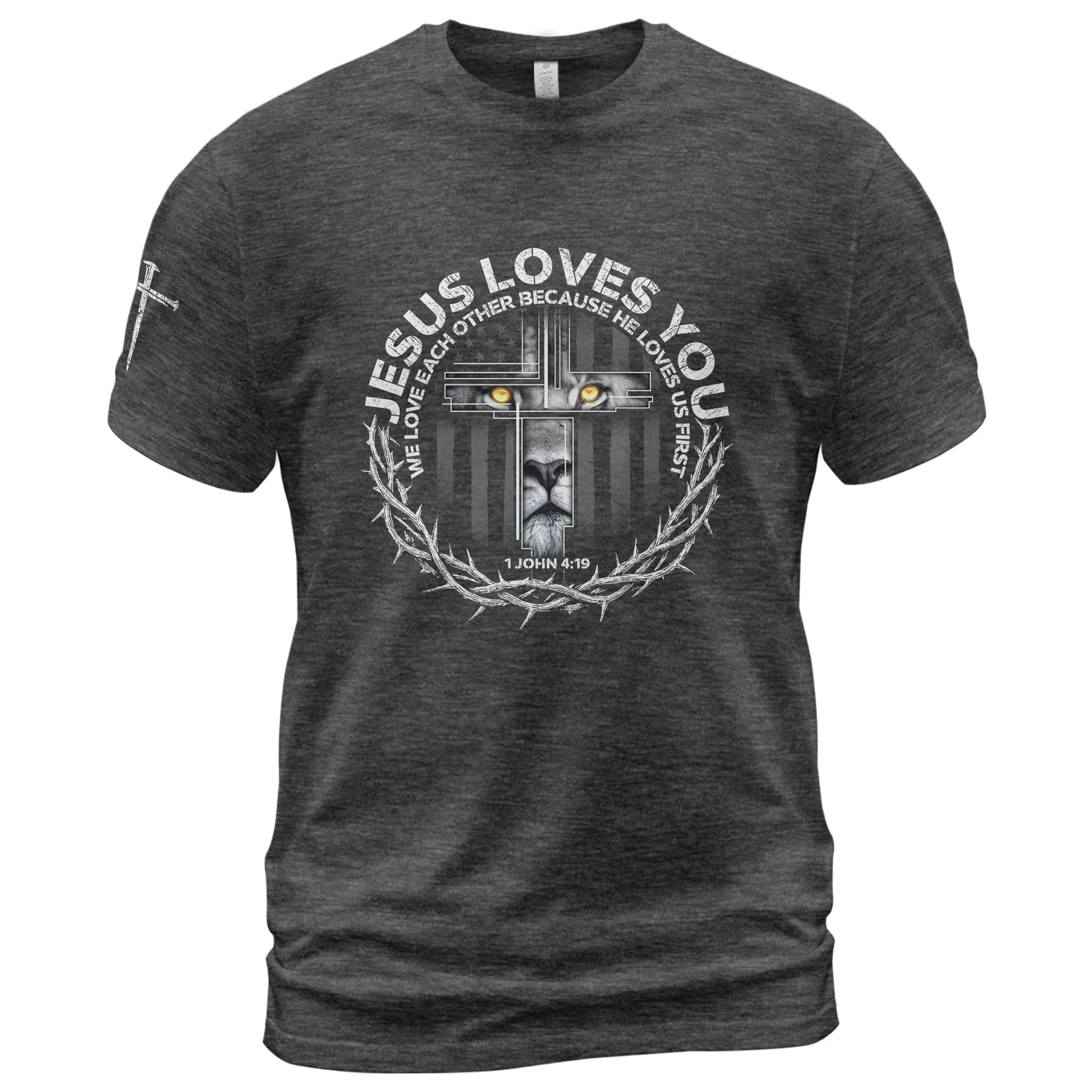 Jesus Loves You Lion Cross Crown of Thorns - Christian Tee Shirts, Christian Shirts for Men - Rust Field Wear