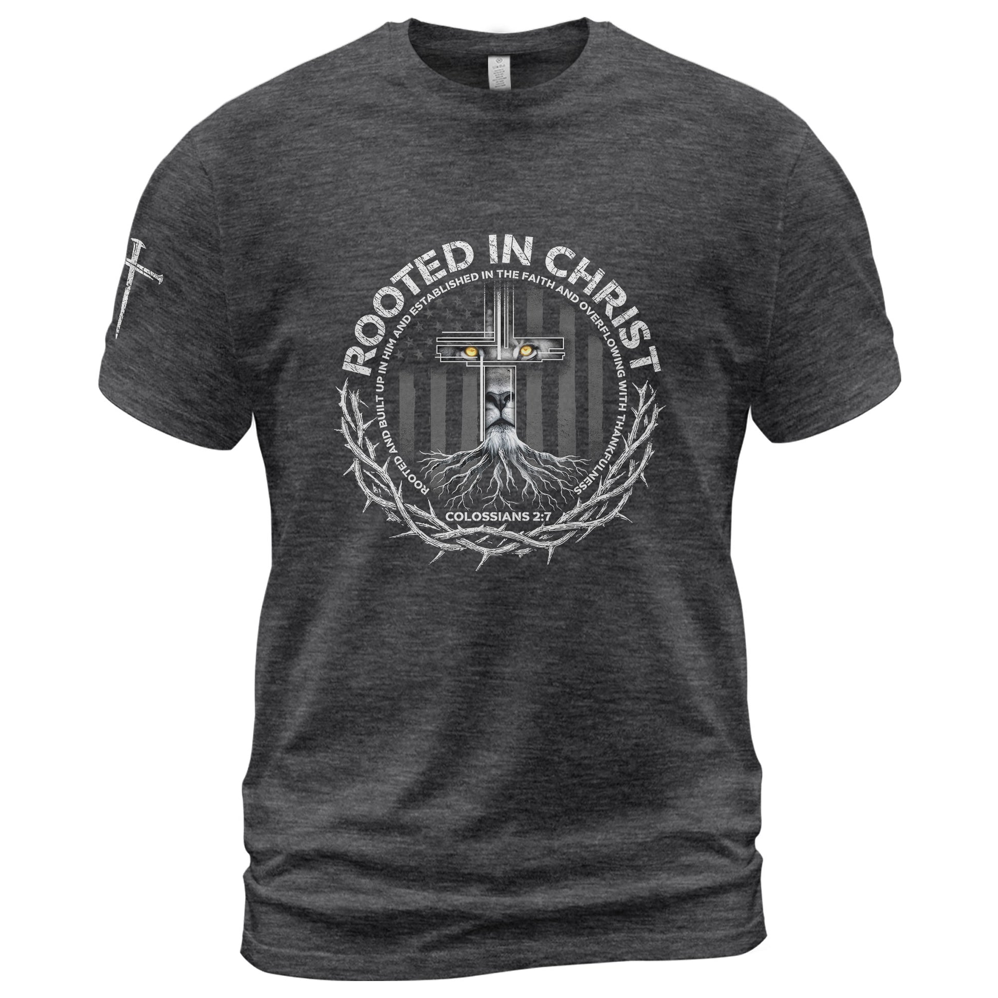 Rooted In Christ Colossians 2:7 Lion Cross - Christian Shirts for Men, Faith Based Christian Tee Shirts - Rust Field Wear