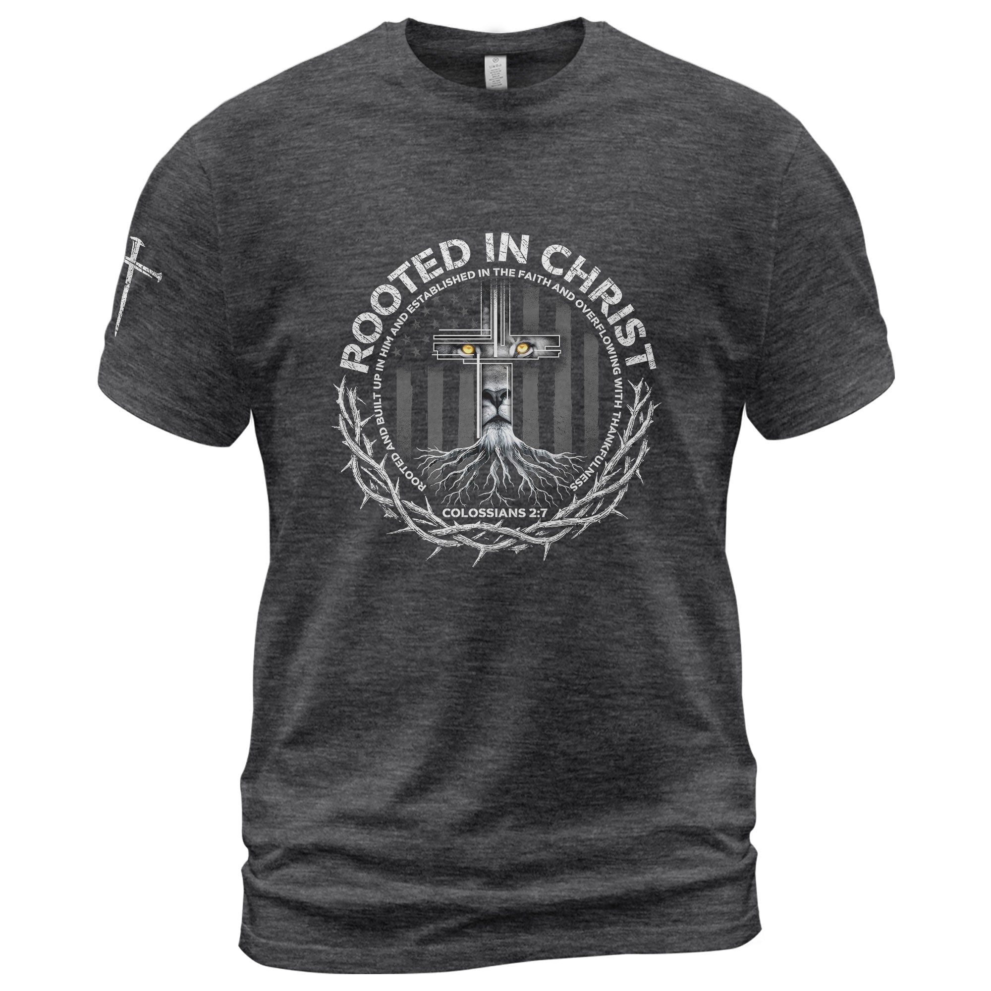 Rooted In Christ Colossians 2:7 Lion Cross - Christian Shirts for Men, Faith Based Christian Tee Shirts - Rust Field Wear