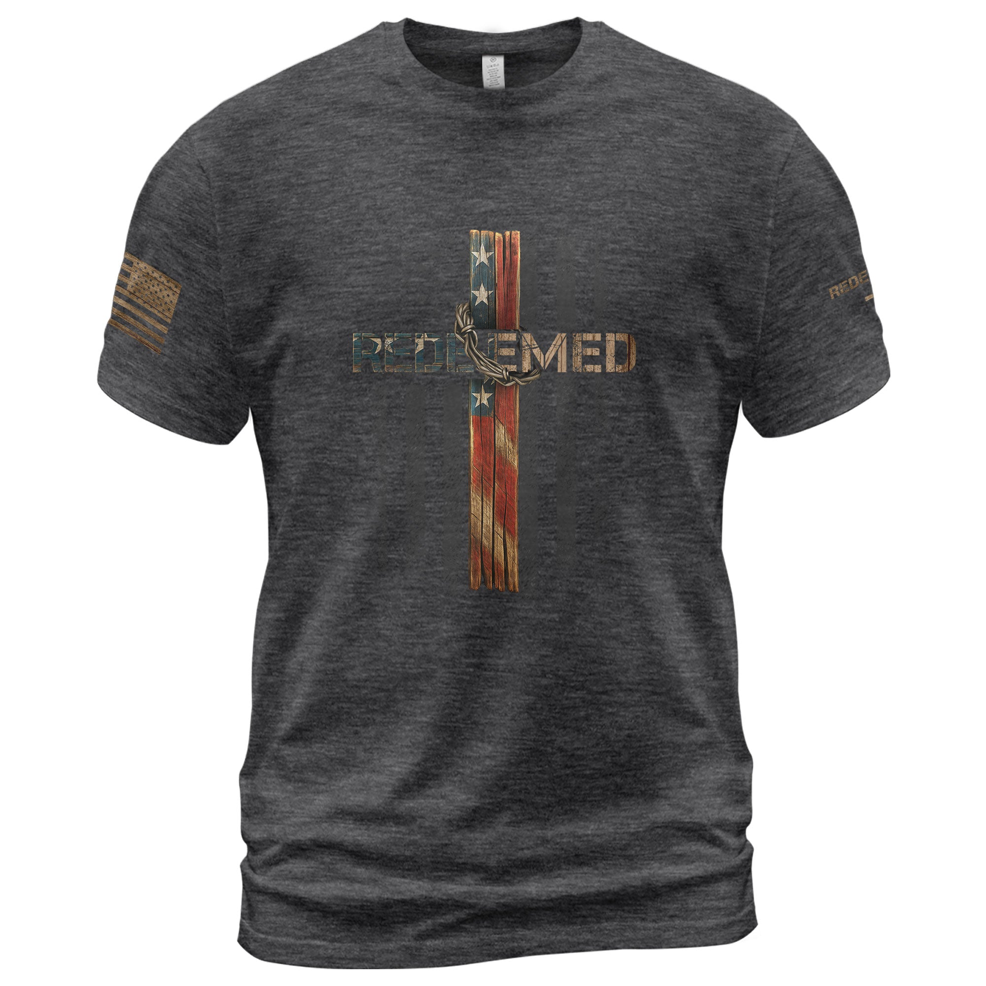 Christian Tee Shirts, Redeemed American Flag Cross Christian - Christian Shirts for Men - Rust Field Wear