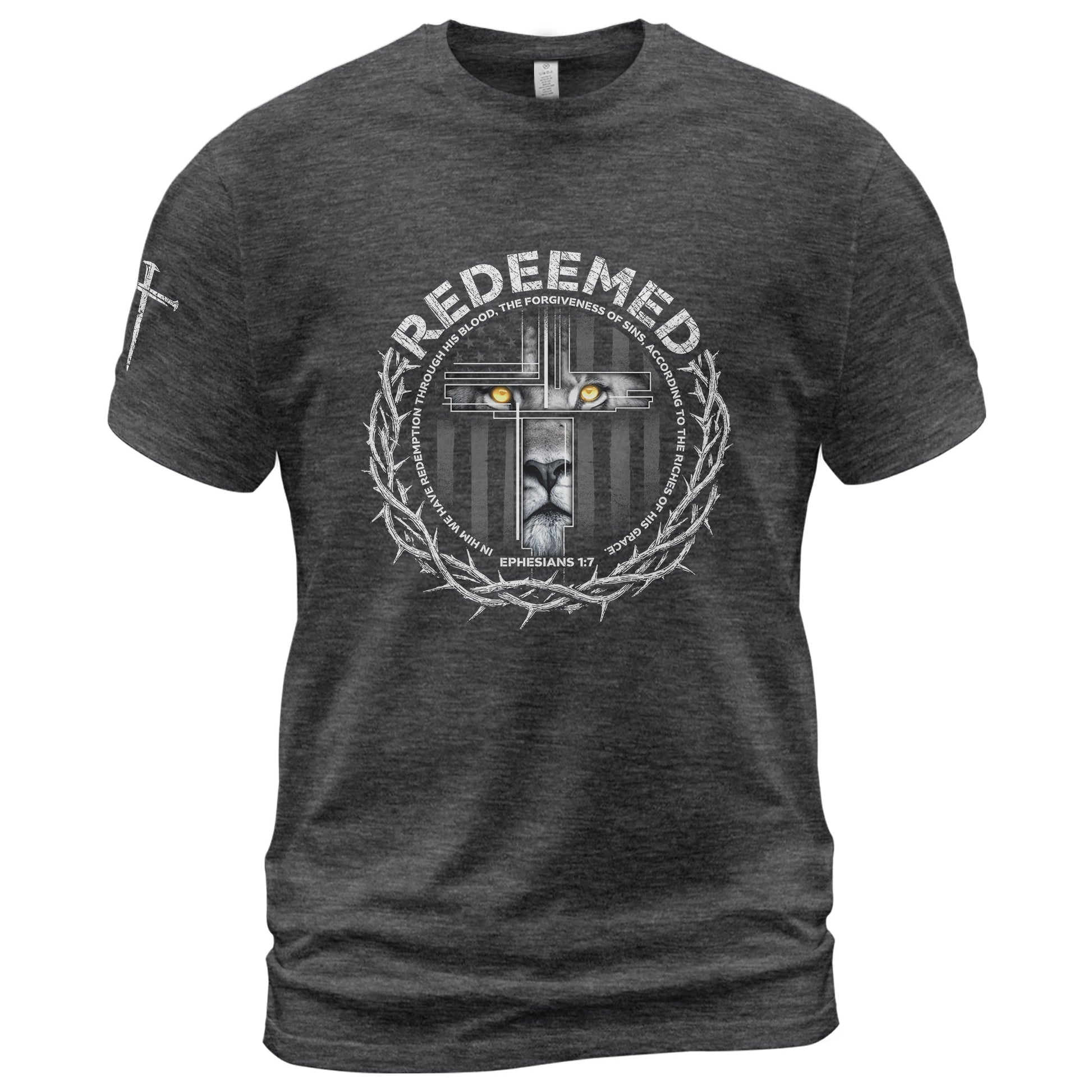 Faith Based Christian Tee Shirts, Redeemed Ephesians 1:7 Lion Cross Christian - Christian Shirts for Men - Rust Field Wear
