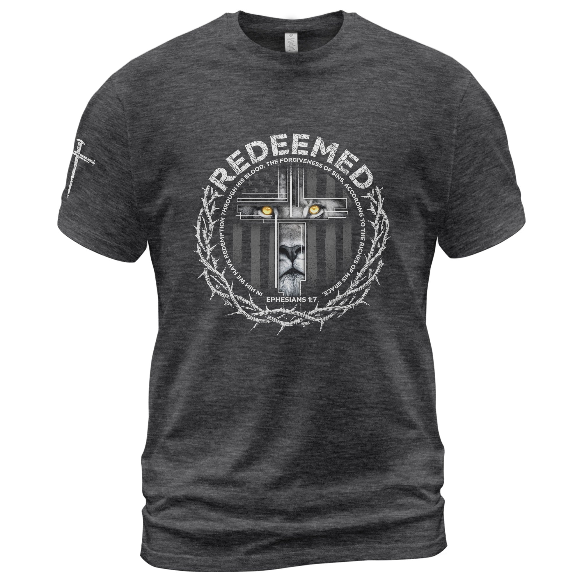 Faith Based Christian Tee Shirts, Redeemed Ephesians 1:7 Lion Cross Christian - Christian Shirts for Men - Rust Field Wear