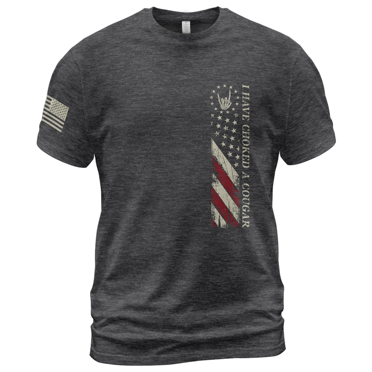 I Have Choked A Cougar US Flag Graphic T-Shirt Distressed Vertical Print Tee
