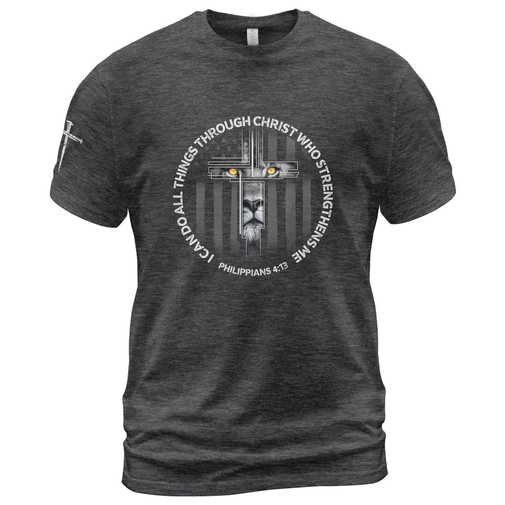 Faith Based Christian Tee Shirts, I Can Do All Things Through Christ Lion Cross - Christian Shirts for Men - Rust Field Wear
