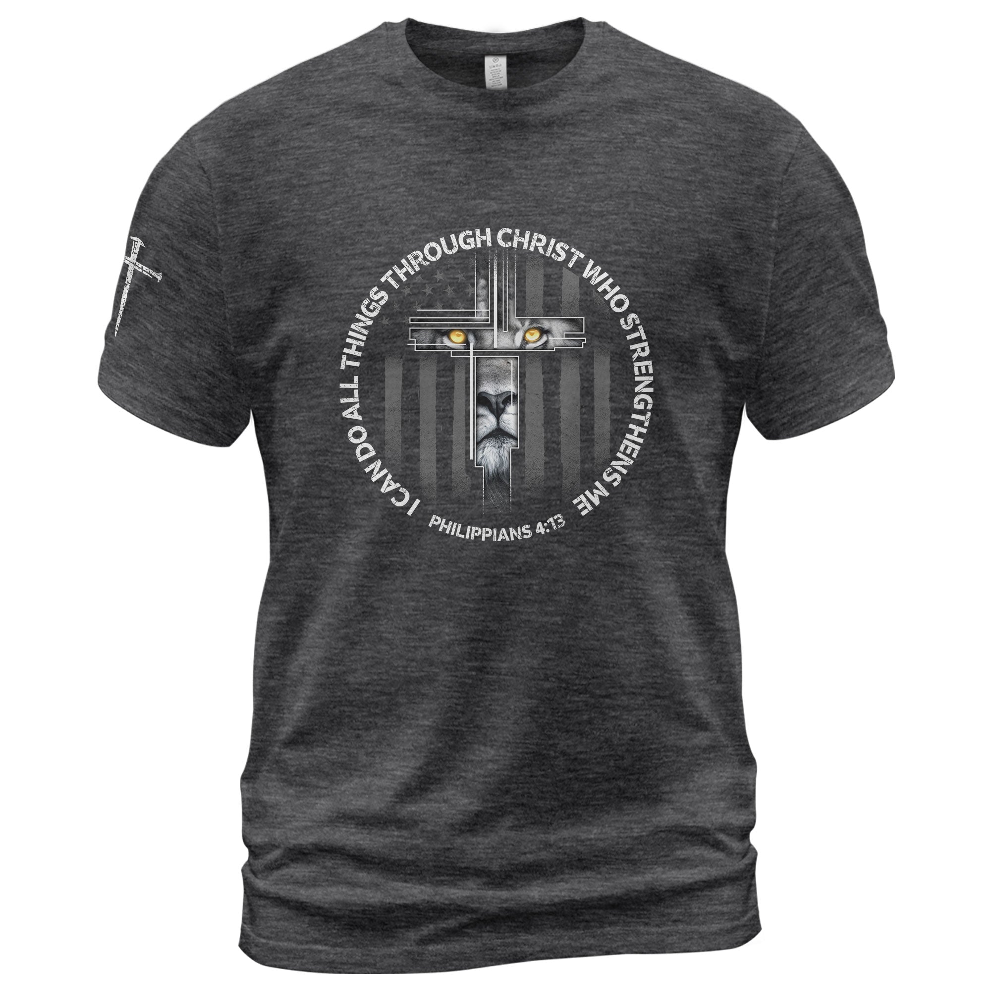 Faith Based Christian Tee Shirts, I Can Do All Things Through Christ Lion Cross - Christian Shirts for Men - Rust Field Wear