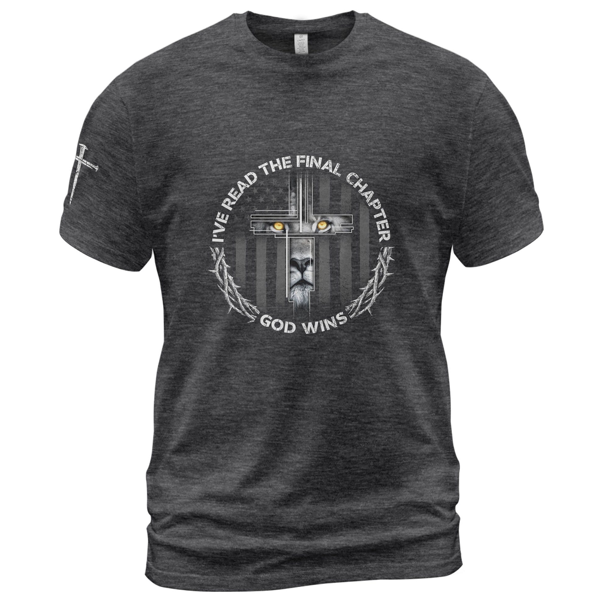 Christian Tee Shirts, God Wins Lion Cross Final Chapter Christian - Christian Shirts for Men - Rust Field Wear