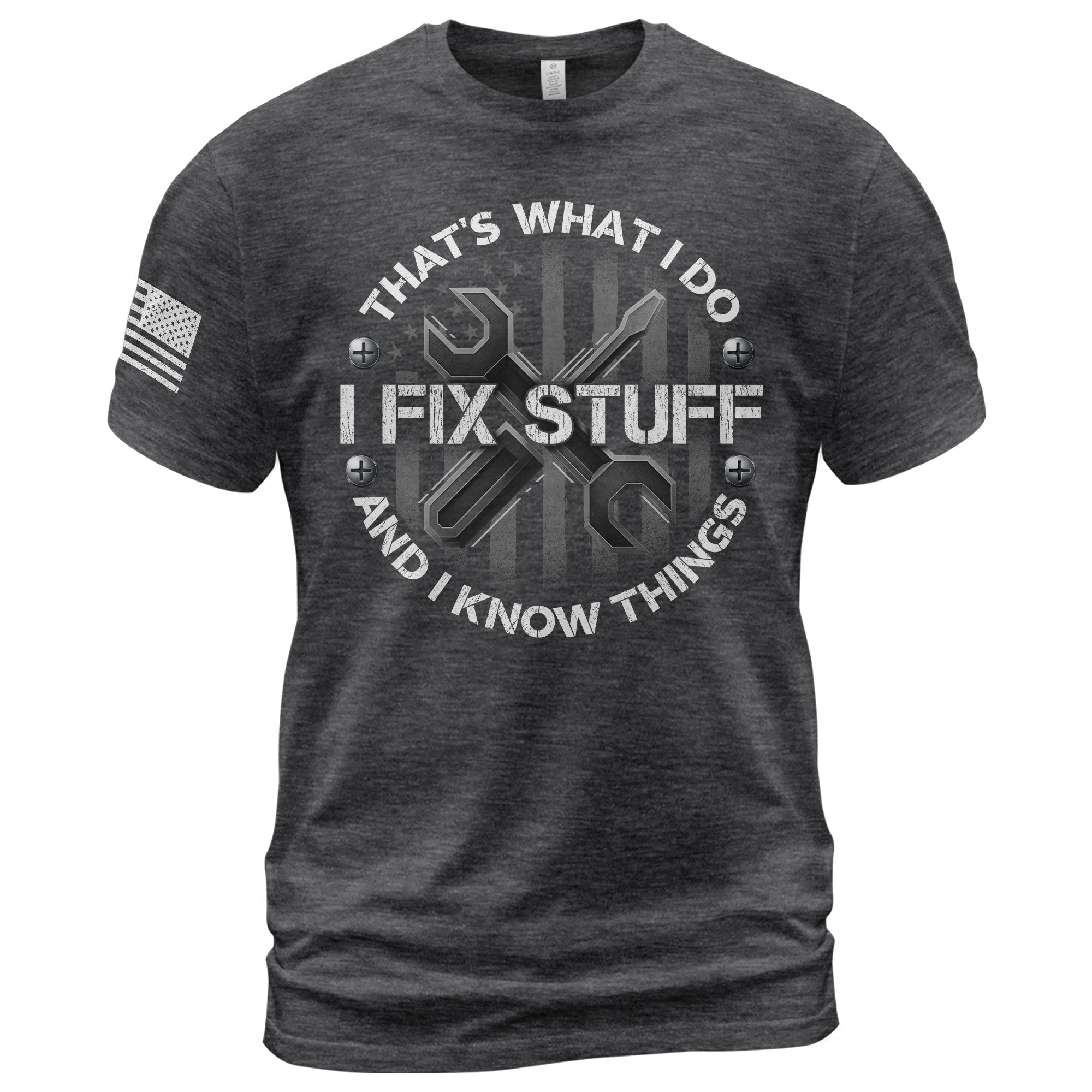 Men Graphic Circular Badge T-Shirt I Fix Stuff And I Know Things Tool Quote Tee