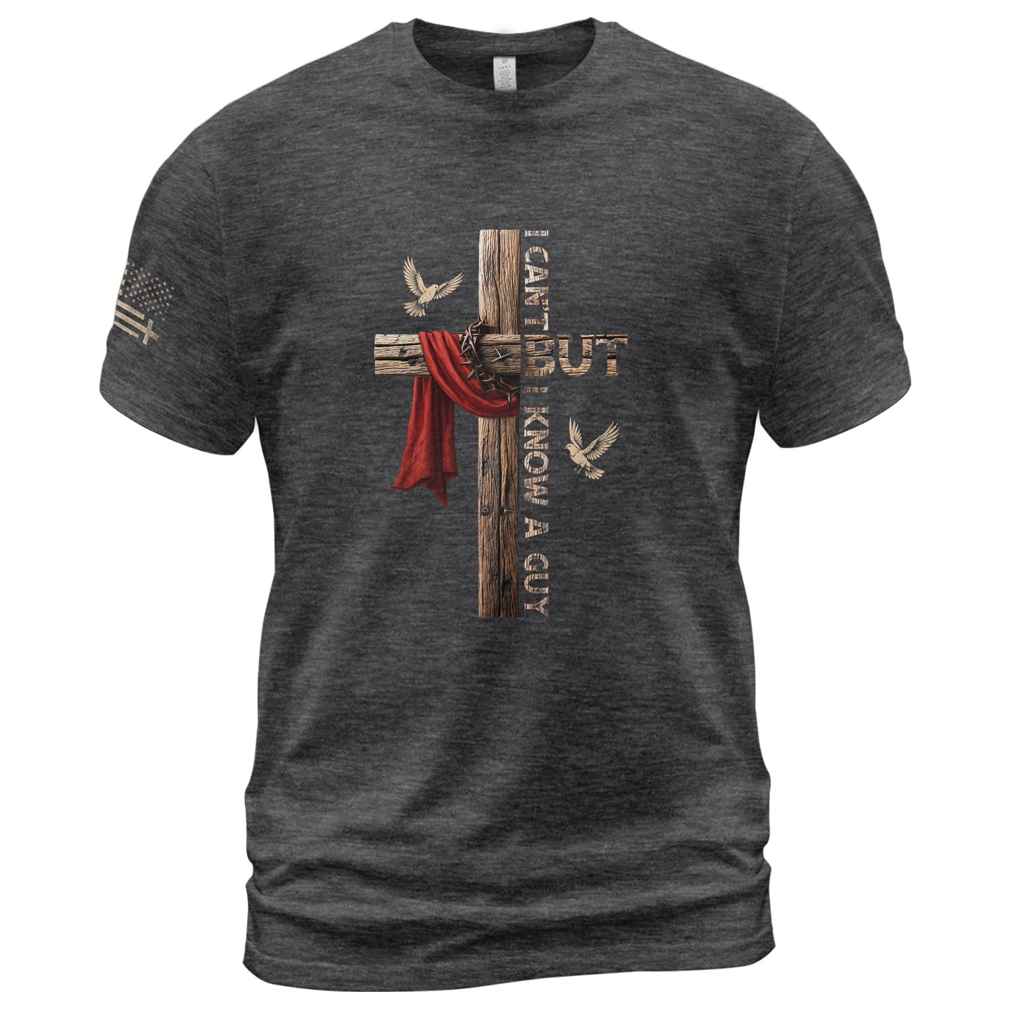 Faith Based Christian Tee Shirts, I Can’t But I Know A Guy Cross With Red Cloth and Doves - Christian Shirts for Men - Rust Field Wear