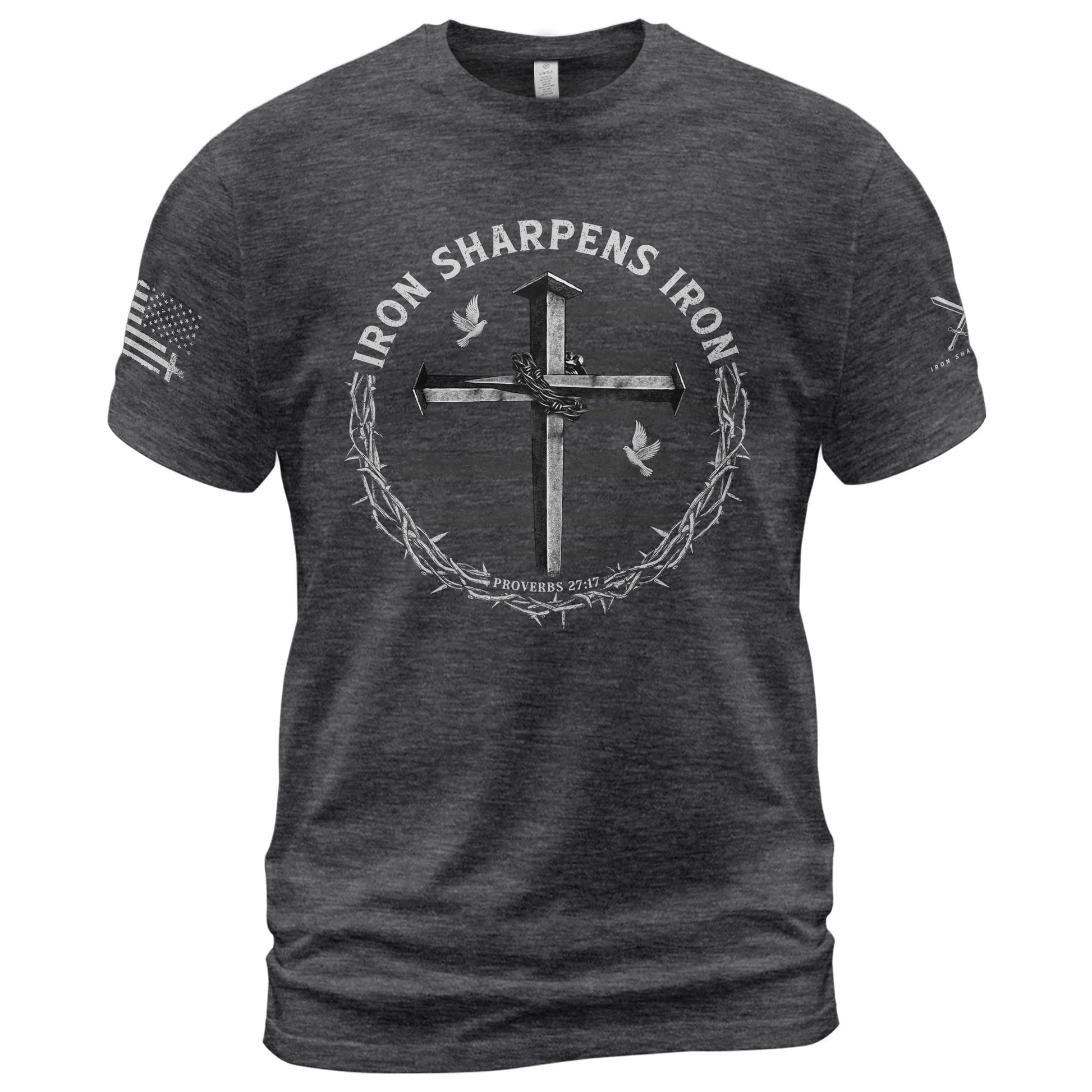 Christian Shirts for Men - Iron Sharpens Iron Cross Proverbs 27:17 Christian, Christian Tee Shirts - Rust Field Wear