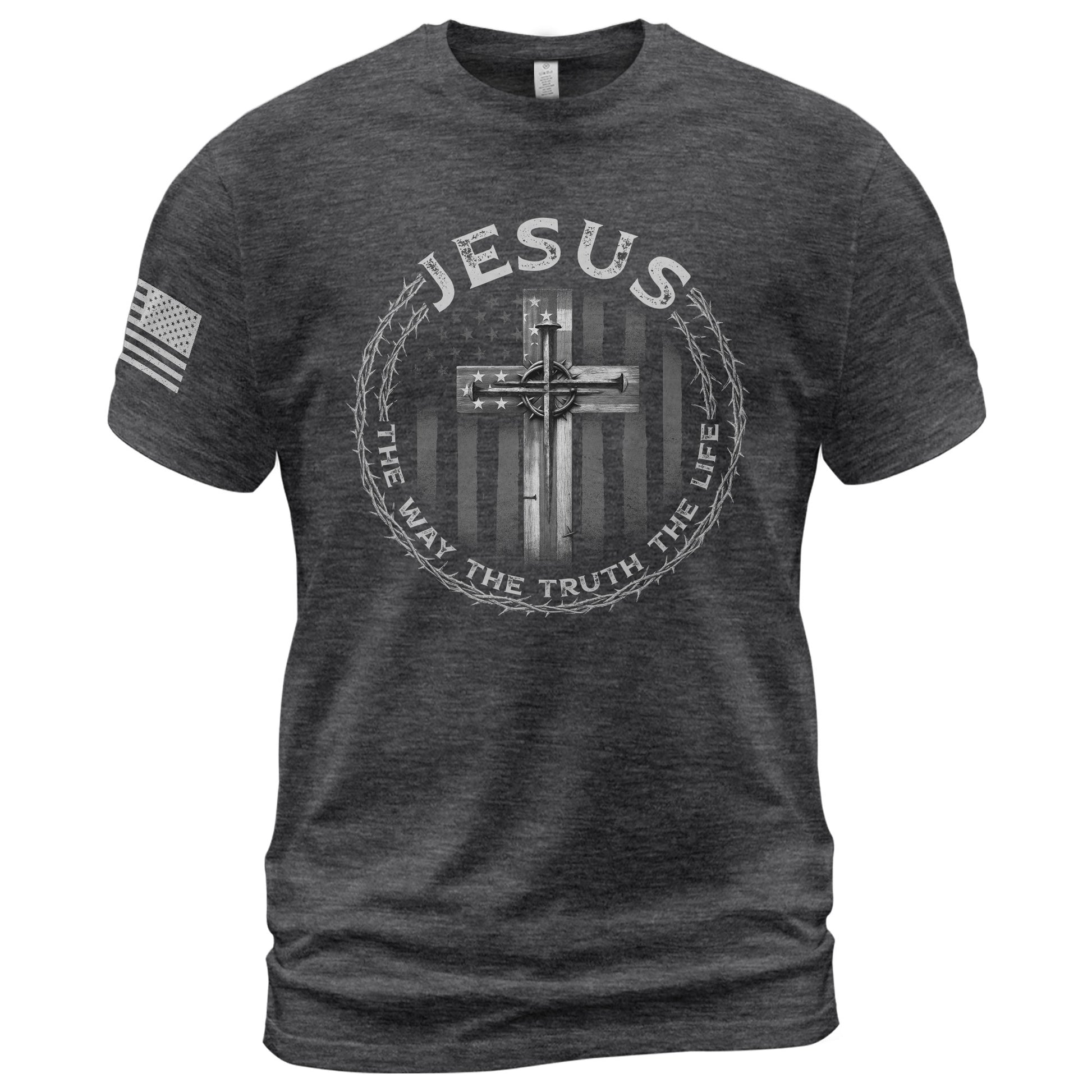 Faith Based Christian Tee Shirts, Jesus Cross American Flag The Way The Truth The Life - Christian Shirts for Men - Rust Field Wear