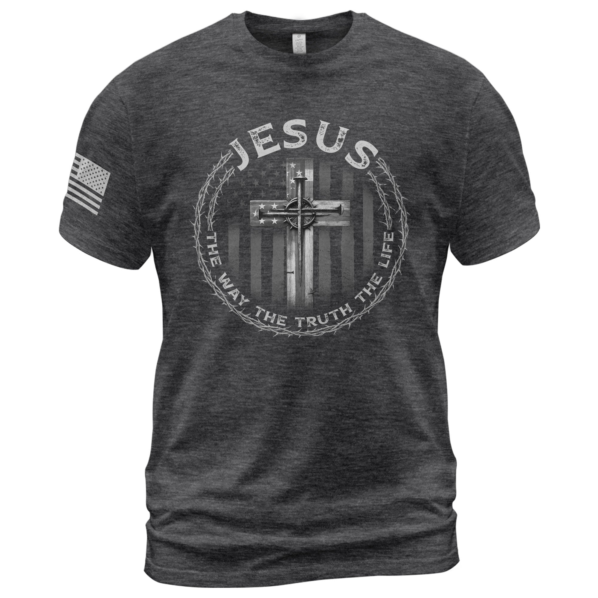Faith Based Christian Tee Shirts, Jesus Cross American Flag The Way The Truth The Life - Christian Shirts for Men - Rust Field Wear
