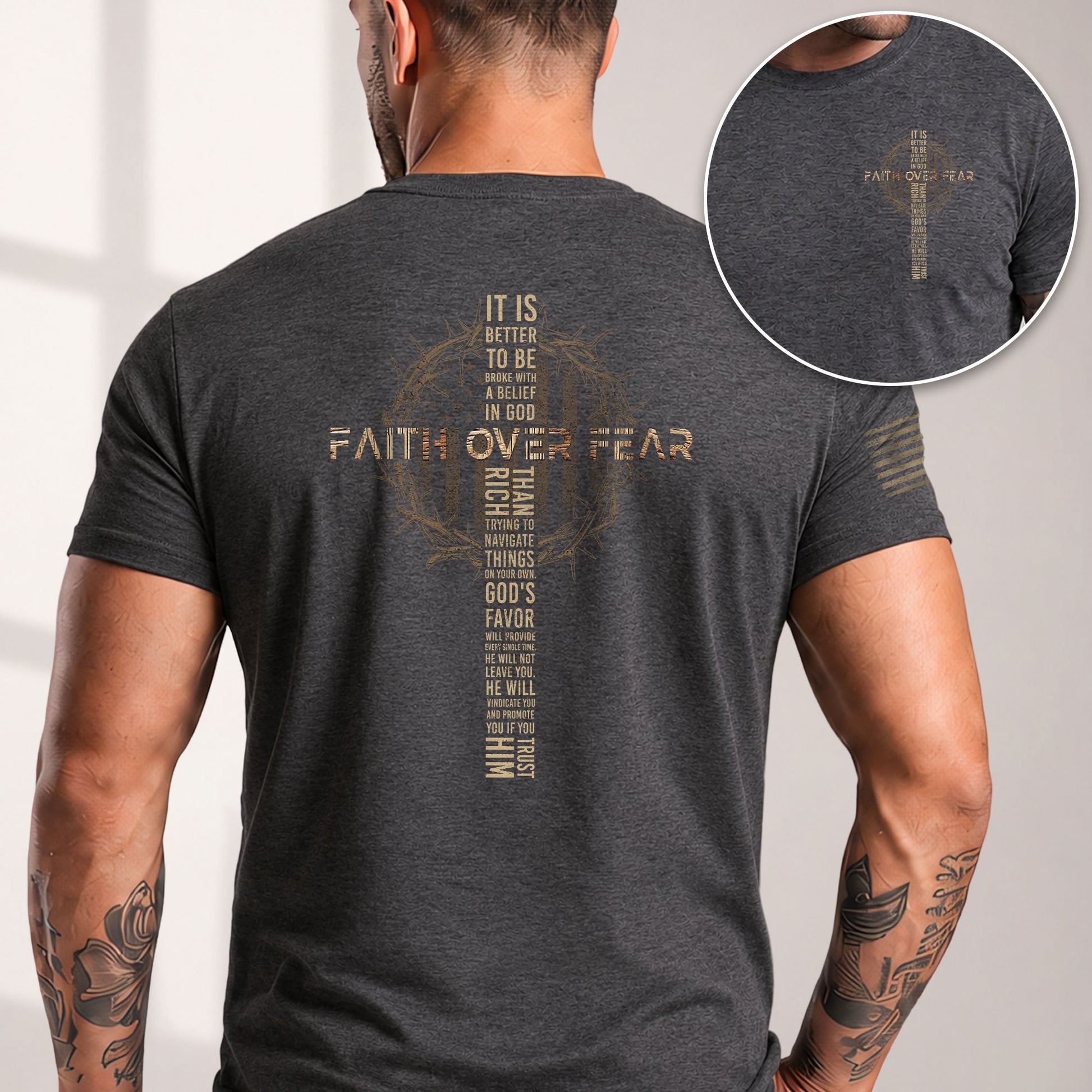 Faith Over Fear Crown of Thorns Cross Scripture - Christian Tee Shirts, Christian Shirts for Men - Rust Field Wear